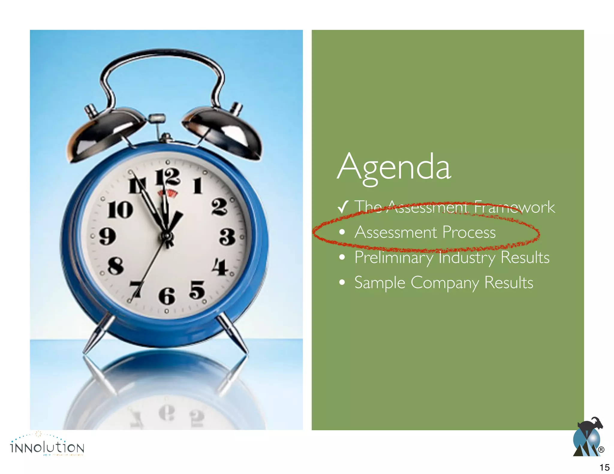 ®
Agenda
✓ The Assessment Framework
Assessment Process
Preliminary Industry Results
Sample Company Results
15
 