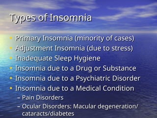 Types of Insomnia
Types of Insomnia
• Primary Insomnia (minority of cases)
Primary Insomnia (minority of cases)
• Adjustment Insomnia (due to stress)
Adjustment Insomnia (due to stress)
• Inadequate Sleep Hygiene
Inadequate Sleep Hygiene
• Insomnia due to a Drug or Substance
Insomnia due to a Drug or Substance
• Insomnia due to a Psychiatric Disorder
Insomnia due to a Psychiatric Disorder
• Insomnia due to a Medical Condition
Insomnia due to a Medical Condition
– Pain Disorders
Pain Disorders
– Ocular Disorders: Macular degeneration/
Ocular Disorders: Macular degeneration/
cataracts/diabetes
cataracts/diabetes
 