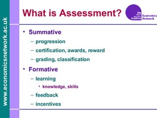 What is Assessment? <ul><li>Summative </li></ul><ul><ul><li>progression </li></ul></ul><ul><ul><li>certification, awards, ...