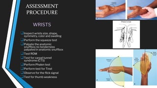 ASSESSMENT
PROCEDURE
WRISTS
❑Inspect wrists size, shape,
symmetry, color and swelling
❑Perform the squeeze test
❑Palpate the anatomic
snuffbox no tenderness
palpated in anatomic snuffbox
❑Test ROM
❑Test for carpal tunnel
syndrome (CTS)
❑Perform Phalen test
❑Perform test for Tinel
❑Observe for the flick signal
❑Test for thumb weakness
 