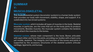 SUMMAR
Y:
MUSCULOSKELETAL
SYSTEM
The musculoskeletal system (locomotor system) is a human body system
that provides our body with movement, stability, shape, and support. It is
subdivided into two broad systems:
Muscular system, which includes all types of muscles in the body. Skeletal
muscles, in particular, are the ones that act on the body joints to produce
movements. Besides muscles, the muscular system contains the tendons
which attach the muscles to the bones.
Skeletal system, whose main component is the bone. Bones articulate
with each other and form the joints, providing our bodies with a hard-core,
yet mobile, skeleton. The integrity and function of the bones and joints is
supported by the accessory structures of the skeletal system; articular
cartilage, ligaments, and bursae.
 