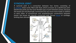 SYNOVIA JOINT
A synovial joint is a connection between two bones consisting of
a cartilage lined cavity filled with fluid, which is known as a diarthrosis joint.
Diarthrosis joints are the most flexible type of joint between bones, because
the bones are not physically connected and can move more freely in relation
to each other. In synarthrosis and amphiarthrosis connections between
bones, the bones are directly connected with fibrous tissue or cartilage,
limiting their ultimate range of motion.
 