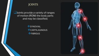 JOINTS
❑Joints provide a variety of ranges
of motion (ROM) the body parts
and may be classified;
❖SYNOVIAL
❖CARTILAGINOUS
❖FIBROUS
 