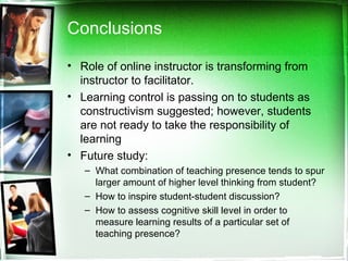 Conclusions Role of online instructor is transforming from instructor to facilitator.  Learning control is passing on to students as constructivism suggested; however, students are not ready to take the responsibility of learning  Future study: What combination of teaching presence tends to spur larger amount of higher level thinking from student?  How to inspire student-student discussion?  How to assess cognitive skill level in order to measure learning results of a particular set of teaching presence?  