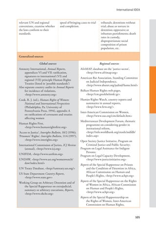 International IDEA
105
relevant UN and regional
conventions, examine whether
the laws conform to their
standards.
speed of bringing cases to trial
and completion.
tribunals; detentions without
trial; abuse or torture in
detention; oppressive or
inhuman punishments; death
rates in custody,
disproportionate social
composition of prison
population, etc.
Generalized sources
Global sources
Amnesty International, Annual Reports,
appendices VI and VII: ratification,
signatures to international (VI) and
regional (VII) principle Human Rights
Treaties (listed in ‘possible standards’)
Also separate country audits in Annual Reports
for incidence of violations,
<http://www.amnesty.org>
Cook, R. J. (ed.), Human Rights of Women:
National and International Perspectives
(Philadelphia, Pa: University of
Pennsylvania Press, 1994), appendix A
on ratifications of covenants and treaties
affecting women
Human Rights First,
<http://www.humanrightsfirst.org>
‘Access to Justice’, Interights Bulletin, 10/2 (1996);
‘Prisoners’ Rights’, Interights Bulletin, 11/4 (1997),
<http://www.interights.org>
International Commission of Jurists, ICJ Review
(annual), <http://www.icj.org>
UNIFEM, <http://www.unifem.org>
UNDAW, <http://www.un.org/womenwatch/
daw/index.html>
UN Treaty Database, <http://untreaty.un.org/>
US State Department Country Reports, 		
<http://www.state.gov>
Working Group on Arbitrary Detention and of
the Special Rapporteur on extrajudicial,
summary or arbitrary executions, Reports,
<http://www.ohchr.org>
Regional sources
AfriMAP, database on the ‘justice sector’,
<http://www.afrimap.org>
American Bar Association, Standing Committee
on Judicial Independence, 		
<http://www.abanet.org/judind/home.html>
Balkan Human Rights web pages, 		
<http://cm.greekhelsinki.gr>
Human Rights Watch, country reports and
summaries in annual reports, 		
<http://www.hrw.org/>
Inter-American Commission on Women,
<http://www.oas.org/cim/default.htm>
Mediterranean Development Forum, thematic
programme on considering gender in
institutional reform, 			
<http://info.worldbank.org/etools/mdfdb/
index.asp>
Open Society Justice Initiative, Program on
Criminal Justice and Public Security;
Program on Legal Assistance for Indigent
Persons;
Program on Legal Capacity Development,
<http://www.justiceinitiative.org>
Reports of the Special Rapporteur on Prisons
and the Condition of Detention in Africa,
African Commission on Human and
People’s Rights, <http://www.achpr.org>
Reports of the Special Rapporteur on the Rights
of Women in Africa, African Commission
on Human and People’s Rights,
<http://www.achpr.org>
Reports of the Special Rapporteurship on
the Rights of Women, Inter-American
Commission on Human Rights,
 