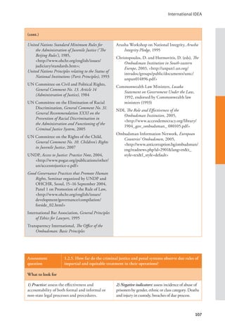International IDEA
107
(cont.)
United Nations Standard Minimum Rules for
the Administration of Juvenile Justice (‘The
Beijing Rules’), 1985, 			
<http://www.ohchr.org/english/issues/
judiciary/standards.htm>;
United Nations Principles relating to the Status of
National Institutions (Paris Principles), 1993
UN Committee on Civil and Political Rights,
General Comment No. 13. Article 14
(Administration of Justice), 1984
UN Committee on the Elimination of Racial
Discrimination, General Comment No. 31.
General Recommendation XXXI on the
Prevention of Racial Discrimination in
the Administration and Functioning of the
Criminal Justice System, 2005
UN Committee on the Rights of the Child,
General Comment No. 10. Children’s Rights
in Juvenile Justice, 2007
UNDP, Access to Justice: Practice Note, 2004,
<http://www.pogar.org/publications/other/
un/accesstojustice-e.pdf>
Good Governance Practices that Promote Human
Rights, Seminar organized by UNDP and
OHCHR, Seoul, 15–16 September 2004,
Panel 1 on Promotion of the Rule of Law,
<http://www.ohchr.org/english/issues/
development/governance/compilation/
forside_02.html>
International Bar Association, General Principles
of Ethics for Lawyers, 1995
Transparency International, The Office of the
Ombudsman: Basic Principles
Arusha Workshop on National Integrity, Arusha
Integrity Pledge, 1995
Christopoulos, D. and Hormovitis, D. (eds), The
Ombudsman Institution in South-eastern
Europe, 2003, <http://unpan1.un.org/
intradoc/groups/public/documents/untc/
unpan014896.pdf>
Commonwealth Law Ministers, Lusaka
Statement on Government Under the Law,
1992, endorsed by Commonwealth law
ministers (1993)
NDI, The Role and Effectiveness of the
Ombudsman Institution, 2005, 		
<http://www.accessdemocracy.org/library/
1904_gov_ombudsman_ 080105.pdf>
Ombudsman Information Network, European
Countries’ Ombudsmen, 2005,
<http://www.anticorruption.bg/ombudsman/
eng/readnews.php?id=2901&lang=en&t_
style=tex&l_style=default>
Assessment
question
1.2.5. How far do the criminal justice and penal systems observe due rules of
impartial and equitable treatment in their operations?
What to look for
1) Practice: assess the effectiveness and
accountability of both formal and informal or
non-state legal processes and procedures.
2) Negative indicators: assess incidence of abuse of
prisoners by gender, ethnic or class category. Deaths
and injury in custody, breaches of due process.
 