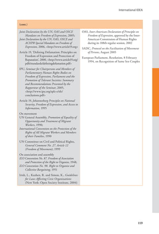 International IDEA
119
(cont.)
Joint Declaration by the UN, OAS and OSCE
Mandates on Freedom of Expression, 2005;
Joint Declaration by the UN, OAS, OSCE and
ACHPR Special Mandates on Freedom of
Expression, 2006, <http://www.article19.org>
Article 19, ‘Defining Defamation: Principles on
Freedom of Expression and Protection of
Reputation’, 2000, <http://www.article19.org/
pdfs/standards/definingdefamation.pdf>
IPU, Seminar for Chairpersons and Members of
Parliamentary Human Rights Bodies on
Freedom of Expression, Parliament and the
Promotion of Tolerant Societies: Summary
and Recommendations Presented by the
Rapporteur of the Seminar, 2005, 		
<http://www.ipu.org/splz-e/sfe/
conclusions.pdf>
Article 19, Johannesburg Principles on National
Security, Freedom of Expression, and Access to
Information, 1995
On movement
UN General Assembly, Promotion of Equality of
Opportunity and Treatment of Migrant
Workers, 1990;
International Convention on the Protection of the
Rights of All Migrant Workers and Members
of their Families, 1990
UN Committee on Civil and Political Rights,
General Comment No. 27. Article 12
(Freedom of Movement), 1999
On association and assembly
ILO Convention No. 87. Freedom of Association
and Protection of the Right to Organise, 1948;
ILO Convention No. 98. Right to Organise and
Collective Bargaining, 1951
Irish, L., Kushen, R. and Simon, K., Guidelines
for Laws Affecting Civic Organizations
(New York: Open Society Institute, 2004)
OAS, Inter-American Declaration of Principles on
Freedom of Expression, approved by the Inter-
American Commission of Human Rights
during its 108th regular session, 2002
SADC, Protocol on the Facilitation of Movement
of Persons, August 2005
European Parliament, Resolution, 8 February
1994, on Recognition of Same Sex Couples
 