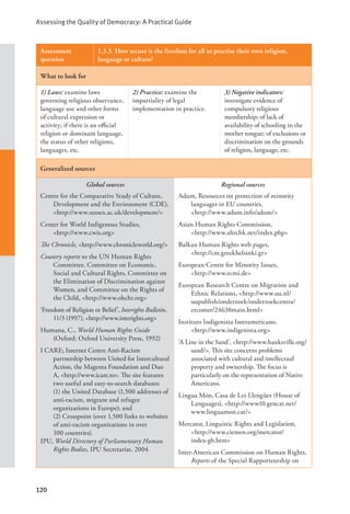 Assessing the Quality of Democracy: A Practical Guide
120
Assessment
question
1.3.3. How secure is the freedom for all to practise their own religion,
language or culture?
What to look for
1) Laws: examine laws
governing religious observance,
language use and other forms
of cultural expression or
activity; if there is an official
religion or dominant language,
the status of other religions,
languages, etc.
2) Practice: examine the
impartiality of legal
implementation in practice.
3) Negative indicators:
investigate evidence of
compulsory religious
membership; of lack of
availability of schooling in the
mother tongue; of exclusions or
discrimination on the grounds
of religion, language, etc.
Generalized sources
Global sources
Centre for the Comparative Study of Culture,
Development and the Environment (CDE),
<http://www.sussex.ac.uk/development/>
Center for World Indigenous Studies, 		
<http://www.cwis.org>
The Chronicle, <http://www.chronicleworld.org/>
Country reports to the UN Human Rights
Committee, Committee on Economic,
Social and Cultural Rights, Committee on
the Elimination of Discrimination against
Women, and Committee on the Rights of
the Child, <http://www.ohchr.org>
‘Freedom of Religion or Belief’, Interights Bulletin,
11/3 (1997), <http://www.interights.org>
Humana, C., World Human Rights Guide
(Oxford: Oxford University Press, 1992)
I CARE; Internet Centre Anti-Racism
partnership between United for Intercultural
Action, the Magenta Foundation and Duo
A, <http://www.icare.to>. The site features
two useful and easy-to-search databases:
(1) the United Database (1,500 addresses of
anti-racism, migrant and refugee
organizations in Europe); and
(2) Crosspoint (over 1,500 links to websites
of anti-racism organizations in over
100 countries).
IPU, World Directory of Parliamentary Human
Rights Bodies, IPU Secretariat, 2004
Regional sources
Adum, Resources on protection of minority
languages in EU countries, 		
<http://www.adum.info/adum/>
Asian Human Rights Commission, 		
<http://www.ahrchk.net/index.php>
Balkan Human Rights web pages, 		
<http://cm.greekhelsinki.gr>
European Centre for Minority Issues, 		
<http://www.ecmi.de>
European Research Centre on Migration and
Ethnic Relations, <http://www.uu.nl/
uupublish/onderzoek/onderzoekcentra/
ercomer/24638main.html>
Instituto Indigenista Interamericano,
<http://www.indigenista.org>
‘A Line in the Sand’, <http://www.hanksville.org/
sand/>. This site concerns problems
associated with cultural and intellectual
property and ownership. The focus is
particularly on the representation of Native
Americans.
Lingua Món, Casa de Les Llengües (House of
Languages), <http://www10.gencat.net/
www.linguamon.cat/>
Mercator, Linguistic Rights and Legislation,
<http://www.ciemen.org/mercator/		
index-gb.htm>
Inter-American Commission on Human Rights,
Reports of the Special Rapporteurship on
 