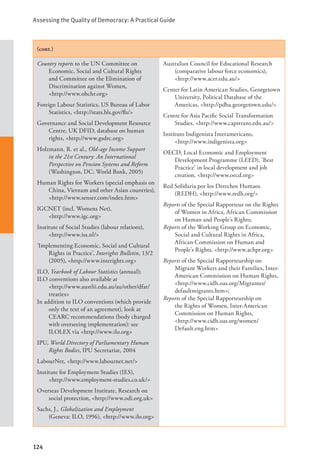 Assessing the Quality of Democracy: A Practical Guide
124
(cont.)
Country reports to the UN Committee on
Economic, Social and Cultural Rights
and Committee on the Elimination of
Discrimination against Women, 		
<http://www.ohchr.org>
Foreign Labour Statistics, US Bureau of Labor
Statistics, <http://stats.bls.gov/fls/>
Governance and Social Development Resource
Centre, UK DFID, database on human
rights, <http://www.gsdrc.org>
Holzmann, R. et al., Old-age Income Support
in the 21st Century: An International
Perspective on Pension Systems and Reform
(Washington, DC: World Bank, 2005)
Human Rights for Workers (special emphasis on
China, Vietnam and other Asian countries),
<http://www.senser.com/index.htm>
IGCNET (incl. Womens Net), 		
<http://www.igc.org>
Institute of Social Studies (labour relations),
<http://www.iss.nl/>
‘Implementing Economic, Social and Cultural
Rights in Practice’, Interights Bulletin, 13/2
(2005), <http://www.interights.org>
ILO, Yearbook of Labour Statistics (annual);
ILO conventions also available at 		
<http://www.austlii.edu.au/au/other/dfat/
treaties>
In addition to ILO conventions (which provide
only the text of an agreement), look at
CEARC recommendations (body charged
with overseeing implementation): see
ILOLEX via <http://www.ilo.org>
IPU, World Directory of Parliamentary Human
Rights Bodies, IPU Secretariat, 2004
LabourNet, <http://www.labournet.net/>
Institute for Employment Studies (IES),
<http://www.employment-studies.co.uk/>
Overseas Development Institute, Research on
social protection, <http://www.odi.org.uk>
Sachs, J., Globalization and Employment
(Geneva: ILO, 1996), <http://www.ilo.org>
Australian Council for Educational Research
(comparative labour force economics),
<http://www.acer.edu.au/>
Center for Latin American Studies, Georgetown
University, Political Database of the
Americas, <http://pdba.georgetown.edu/>
Centre for Asia Pacific Social Transformation
Studies, <http://www.capstrans.edu.au/>
Instituto Indigenista Interamericano, 		
<http://www.indigenista.org>
OECD, Local Economic and Employment
Development Programme (LEED), ‘Best
Practice’ in local development and job
creation, <http://www.oecd.org>
Red Solidaria por los Derechos Humaos
(REDH), <http://www.redh.org/>
Reports of the Special Rapporteur on the Rights
of Women in Africa, African Commission
on Human and People’s Rights;
Reports of the Working Group on Economic,
Social and Cultural Rights in Africa,
African Commission on Human and
People’s Rights, <http://www.achpr.org>
Reports of the Special Rapporteurship on
Migrant Workers and their Families, Inter-
American Commission on Human Rights,
<http://www.cidh.oas.org/Migrantes/
defaultmigrants.htm>;
Reports of the Special Rapporteurship on
the Rights of Women, Inter-American
Commission on Human Rights, 		
<http://www.cidh.oas.org/women/
Default.eng.htm>
 