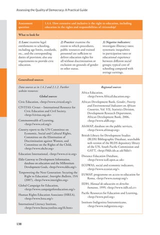 Assessing the Quality of Democracy: A Practical Guide
138
Assessment
question
1.4.4. How extensive and inclusive is the right to education, including
education in the rights and responsibilities of citizenship?
What to look for
1) Laws: examine legal
entitlements to schooling,
including age limits, standards,
etc., and the corresponding
duties of provision; also any
requirements to provide civic
education.
2) Practice: examine the
extent to which procedures,
public resources and trained
personnel are sufficient to
deliver education rights for
all without discrimination or
exclusion on grounds of gender
or other status.
3) Negative indicators:
investigate illiteracy rates;
systematic inequalities
in participation rates or
educational experience
between different social
groups; typical cost of
schooling compared with
average earnings.
Generalized sources
Data sources as in 1.4.2 and 2.1.2. Further
website resources:
Global sources
Civic Education, <http://www.civiced.org/>
CIVITAS: Civnet – International Resource for
Civic Education and Civil Society, 		
<http://civitas.org.uk>
Commonwealth of Learning, 			
<http://www.col.org/>
Country reports to the UN Committee on
Economic, Social and Cultural Rights,
Committee on the Elimination of
Discrimination against Women, and
Committee on the Rights of the Child,
<http://www.ohchr.org>
Education International, <http://www.ei-ie.org>
Eldis Gateway to Development Information,
database on education and the Millennium
Development Goals, <http://www.eldis.org/>
‘Empowering the Next Generation: Securing the
Right to Education’, Interights Bulletin, 15/4
(2007), <http://www.interights.org>
Global Campaign for Education, 		
<http://www.campaignforeducation.org/>
Human Rights Education Associates (HREA),
<http://www.hrea.org/>
International Literacy Institute, 		
<http://www.literacyonline.org/ili.htm>
Regional sources
Africa Education, 				
<http://www.AfricaEducation.org>
African Development Bank, Gender, Poverty
and Environmental Indicators on African
Countries, Vol. VII, Statistics Division,
Development Research Department,
African Development Bank, 2006, 		
<http://www.afdb.org>
AfriMAP, database on the public services,
<http://www.afrimap.org>
British Library for Development Studies
(BLDS) Bibliographic Database, searchable
web version of the BLDS depository library
of the UN, South Pacific Commission and
GATT, <http://blds.ids.ac.uk/blds/>
Distance Education Database, 		
<http://www-icdl.open.ac.uk>
ECOWAS, social and economic indicators,
<http://www.ecostat.org/>
EUMAP, programme on access to education for
Roma, <http://www.eumap.org/>
IIDH, Manual de educación en derechos
humanos, 1999, <http://www.iidh.ed.cr>
Pacific Resources for Education and Learning,
<http://www.prel.org>
Instituto Indigenista Interamericano, 		
<http://www.indigenista.org>
 