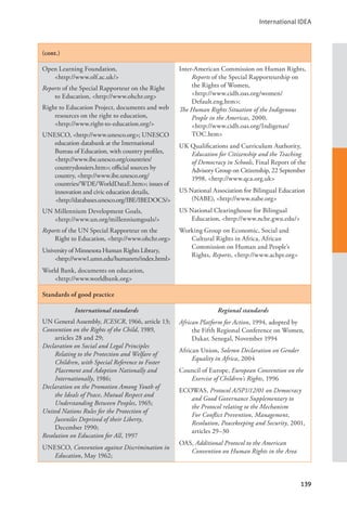 International IDEA
139
(cont.)
Open Learning Foundation, 			
<http://www.olf.ac.uk/>
Reports of the Special Rapporteur on the Right
to Education, <http://www.ohchr.org>
Right to Education Project, documents and web
resources on the right to education,
<http://www.right-to-education.org/>
UNESCO, <http://www.unesco.org>; UNESCO
education databank at the International
Bureau of Education, with country profiles,
<http://www.ibe.unesco.org/countries/
countrydossiers.htm>; official sources by
country, <http://www.ibe.unesco.org/
countries/WDE/WorldDataE.htm>; issues of
innovation and civic education details,
<http://databases.unesco.org/IBE/IBEDOCS/>
UN Millennium Development Goals, 		
<http://www.un.org/millenniumgoals/>
Reports of the UN Special Rapporteur on the
Right to Education, <http://www.ohchr.org>
University of Minnesota Human Rights Library,
<http://www1.umn.edu/humanrts/index.html>
World Bank, documents on education, 		
<http://www.worldbank.org>
Inter-American Commission on Human Rights,
Reports of the Special Rapporteurship on
the Rights of Women, 			
<http://www.cidh.oas.org/women/
Default.eng.htm>;
The Human Rights Situation of the Indigenous
People in the Americas, 2000, 		
<http://www.cidh.oas.org/Indigenas/
TOC.htm>
UK Qualifications and Curriculum Authority,
Education for Citizenship and the Teaching
of Democracy in Schools, Final Report of the
Advisory Group on Citizenship, 22 September
1998, <http://www.qca.org.uk>
US National Association for Bilingual Education
(NABE), <http://www.nabe.org>
US National Clearinghouse for Bilingual
Education, <http://www.ncbe.gwu.edu/>
Working Group on Economic, Social and
Cultural Rights in Africa, African
Commission on Human and People’s
Rights, Reports, <http://www.achpr.org>
Standards of good practice
International standards
UN General Assembly, ICESCR, 1966, article 13;
Convention on the Rights of the Child, 1989,
articles 28 and 29;
Declaration on Social and Legal Principles
Relating to the Protection and Welfare of
Children, with Special Reference to Foster
Placement and Adoption Nationally and
Internationally, 1986;
Declaration on the Promotion Among Youth of
the Ideals of Peace, Mutual Respect and
Understanding Between Peoples, 1965;
United Nations Rules for the Protection of
Juveniles Deprived of their Liberty,
December 1990;
Resolution on Education for All, 1997
UNESCO, Convention against Discrimination in
Education, May 1962;
Regional standards
African Platform for Action, 1994, adopted by
the Fifth Regional Conference on Women,
Dakar, Senegal, November 1994
African Union, Solemn Declaration on Gender
Equality in Africa, 2004
Council of Europe, European Convention on the
Exercise of Children’s Rights, 1996
ECOWAS, Protocol A/SP1/12/01 on Democracy
and Good Governance Supplementary to
the Protocol relating to the Mechanism
For Conflict Prevention, Management,
Resolution, Peacekeeping and Security, 2001,
articles 29–30
OAS, Additional Protocol to the American
Convention on Human Rights in the Area
 