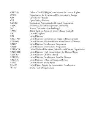 OHCHR Office of the UN High Commissioner for Human Rights
OSCE Organization for Security and Co-operation in Europe
OSF Open Society Forum
OSI Open Society Institute
SAARC South Asian Association for Regional Cooperation
SADC Southern African Development Community
SoD State of Democracy (methodology)
TASC Think Tank for Action on Social Change (Ireland)
UK United Kingdom
UN United Nations
UNCTAD United Nations Conference on Trade and Development
UNDAW United Nations, Division for the Advancement of Women
UNDP United Nations Development Programme
UNEP United Nations Environment Programme
UNESCO United Nations Educational, Scientific and Cultural Organization
UNHCHR United Nations High Commissioner for Human Rights
UNICEF United Nations Children’s Fund
UNIFEM United Nations Development Fund for Women
UNODC United Nations Office on Drugs and Crime
UNTS United Nations Treaty Series
USAID United States Agency for International Development
WHO World Health Organization
 