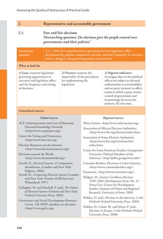Assessing the Quality of Democracy: A Practical Guide
146
2.		 Representative and accountable government
2.1. Free and fair elections
		 Overarching question: Do elections give the people control over
governments and their policies?
Assessment
question
2.1.1. How far is appointment to governmental and legislative office
determined by popular competitive election, and how frequently do elections
lead to change in the governing parties or personnel?
What to look for
1) Laws: examine legislation
governing appointment to
executive and legislative office,
and the frequency and timing
of elections.
2) Practice: examine the
impartiality of the procedures
for implementing the
legislation.
3) Negative indicators:
investigate data on key political
offices not subject to electoral
authorization or accountability
and on party turnover in office;
extent to which a party retains
control of government and
its patronage (a) across the
territory, (b) over time.
Generalized sources
Global sources
ACE (Administration and Cost of Elections)
Electoral Knowledge Network, 		
<http://www.aceproject.org/>
Centre for Voting and Democracy, 		
<http://www.fairvote.org>
Election Resources on the Internet, 		
<http://www.electionresources.org/>
Elections around the World, 			
<http://www.electionworld.org/>
Farrell, D., Electoral Systems: A Comparative
Introduction, (London and New York:
Palgrave, 2001);
Farrell, D., Comparing Electoral Systems (London
and New York: Prentice Hall/Harvester
Wheatsheaf, 1997)
Gallagher, M. and Mitchell, P. (eds), The Politics
of Electoral Systems (Oxford and New York:
Oxford University Press, 2005)
Governance and Social Development Resource
Centre, UK DFID, database on elections,
<http://www.gsdrc.org>
Regional sources
Africa Action, <http://www.africaaction.org>
Association of African Election Authorities,
<http://www.ifes.org/afrassoc/index.htm>
Association of Asian Election Authorities,
<http://www.ifes.org/AsiaAssocSite/
index.htm>
Center for Latin American Studies, Georgetown
University, Political Database of the
Americas, <http://pdba.georgetown.edu/>
Common Borders, Elections in Latin America,
<http://www.commonborders.org/>
Eurasianet, <http://www.eurasianet.org/>
Midgett, D., Eastern Caribbean Elections
1950–1982, Development Series No. 13
(Iowa City: Centre for Development
Studies, Institute of Urban and Regional
Research, University of Iowa, 1983)
Nohlen, D. (ed.), Elections in the Americas, 2 vols
(Oxford: Oxford University Press, 2005)
Nohlen, D., Catón, M. and Stöver, P. (eds),
Elections in Europe, 3 vols (Oxford: Oxford
University Press, 2008)
 