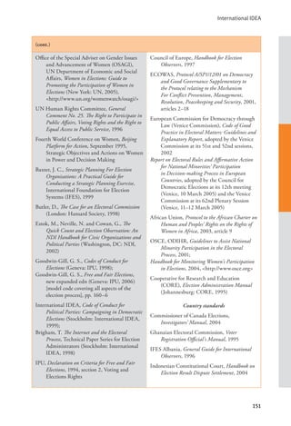 International IDEA
151
(cont.)
Office of the Special Adviser on Gender Issues
and Advancement of Women (OSAGI),
UN Department of Economic and Social
Affairs, Women in Elections: Guide to
Promoting the Participation of Women in
Elections (New York: UN, 2005), 		
<http://www.un.org/womenwatch/osagi/>
UN Human Rights Committee, General
Comment No. 25. The Right to Participate in
Public Affairs, Voting Rights and the Right to
Equal Access to Public Service, 1996
Fourth World Conference on Women, Beijing
Platform for Action, September 1995,
Strategic Objectives and Actions on Women
in Power and Decision Making
Baxter, J. C., Strategic Planning For Election
Organisations: A Practical Guide for
Conducting a Strategic Planning Exercise,
International Foundation for Election
Systems (IFES), 1999
Butler, D., The Case for an Electoral Commission
(London: Hansard Society, 1998)
Estok, M., Neville, N. and Cowan, G., The
Quick Count and Election Observation: An
NDI Handbook for Civic Organizations and
Political Parties (Washington, DC: NDI,
2002)
Goodwin-Gill, G. S., Codes of Conduct for
Elections (Geneva: IPU, 1998);
Goodwin-Gill, G. S., Free and Fair Elections,
new expanded edn (Geneva: IPU, 2006)
[model code covering all aspects of the
election process], pp. 160–6
International IDEA, Code of Conduct for
Political Parties: Campaigning in Democratic
Elections (Stockholm: International IDEA,
1999);
Brigham, T. The Internet and the Electoral
Process, Technical Paper Series for Election
Administrators (Stockholm: International
IDEA, 1998)
IPU, Declaration on Criteria for Free and Fair
Elections, 1994, section 2, Voting and
Elections Rights
Council of Europe, Handbook for Election
Observers, 1997
ECOWAS, Protocol A/SP1/12/01 on Democracy
and Good Governance Supplementary to
the Protocol relating to the Mechanism
For Conflict Prevention, Management,
Resolution, Peacekeeping and Security, 2001,
articles 2–18
European Commission for Democracy through
Law (Venice Commission), Code of Good
Practice in Electoral Matters: Guidelines and
Explanatory Report, adopted by the Venice
Commission at its 51st and 52nd sessions,
2002
Report on Electoral Rules and Affirmative Action
for National Minorities’ Participation
in Decision-making Process in European
Countries, adopted by the Council for
Democratic Elections at its 12th meeting
(Venice, 10 March 2005) and the Venice
Commission at its 62nd Plenary Session
(Venice, 11–12 March 2005)
African Union, Protocol to the African Charter on
Human and Peoples’ Rights on the Rights of
Women in Africa, 2003, article 9
OSCE, ODIHR, Guidelines to Assist National
Minority Participation in the Electoral
Process, 2001;
Handbook for Monitoring Women’s Participation
in Elections, 2004, <http://www.osce.org>
Cooperative for Research and Education
(CORE), Election Administration Manual
(Johannesburg: CORE, 1995)
Country standards
Commissioner of Canada Elections,
Investigators’ Manual, 2004
Ghanaian Electoral Commission, Voter
Registration Official’s Manual, 1995
IFES Albania, General Guide for International
Observers, 1996
Indonesian Constitutional Court, Handbook on
Election Result Dispute Settlement, 2004
 