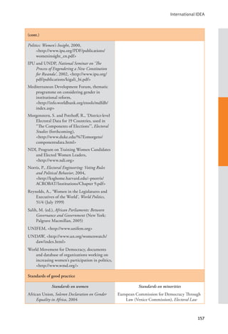 International IDEA
157
(cont.)
Politics: Women’s Insight, 2000,
<http://www.ipu.org/PDF/publications/
womeninsight_en.pdf>
IPU and UNDP, National Seminar on ‘The
Process of Engendering a New Constitution
for Rwanda’, 2002, <http://www.ipu.org/
pdf/publications/kigali_bi.pdf>
Mediterranean Development Forum, thematic
programme on considering gender in
institutional reform, 			
<http://info.worldbank.org/etools/mdfdb/
index.asp>
Morgenstern, S. and Potthoff, R., ‘District-level
Electoral Data for 19 Countries, used in
“The Components of Elections”’, Electoral
Studies (forthcoming), 		
<http://www.duke.edu/%7Esmorgens/
componentsdata.html>
NDI, Program on Training Women Candidates
and Elected Women Leaders, 		
<http://www.ndi.org>
Norris, P., Electoral Engineering: Voting Rules
and Political Behavior, 2004, 		
<http://ksghome.harvard.edu/~pnorris/
ACROBAT/Institutions/Chapter 9.pdf>
Reynolds, A., ‘Women in the Legislatures and
Executives of the World’, World Politics,
51/4 (July 1999)
Salih, M. (ed.), African Parliaments: Between
Governance and Government (New York:
Palgrave Macmillan, 2005)
UNIFEM, <http://www.unifem.org>
UNDAW, <http://www.un.org/womenwatch/
daw/index.html>
World Movement for Democracy, documents
and database of organizations working on
increasing women’s participation in politics,
<http://www.wmd.org/>
Standards of good practice
Standards on women
African Union, Solemn Declaration on Gender
Equality in Africa, 2004
Standards on minorities
European Commission for Democracy Through
Law (Venice Commission), Electoral Law
 