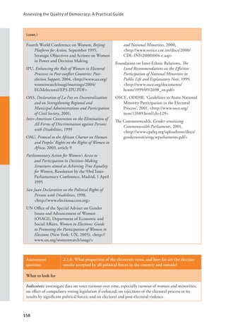 Assessing the Quality of Democracy: A Practical Guide
158
(cont.)
Fourth World Conference on Women, Beijing
Platform for Action, September 1995,
Strategic Objectives and Actions on Women
in Power and Decision Making
IPU, Enhancing the Role of Women in Electoral
Processes in Post-conflict Countries: Post-
election Support, 2004, <http://www.un.org/
womenwatch/osagi/meetings/2004/
EGMelectoral/EP3-IPU.PDF>
OAS, Declaration of La Paz on Decentralization
and on Strengthening Regional and
Municipal Administrations and Participation
of Civil Society, 2001;
Inter-American Convention on the Elimination of
All Forms of Discrimination against Persons
with Disabilities, 1999
OAU, Protocol to the African Charter on Human
and Peoples’ Rights on the Rights of Women in
Africa, 2003, article 9
Parliamentary Action for Women’s Access to
and Participation in Decision-Making
Structures aimed at Achieving True Equality
for Women, Resolution by the 93rd Inter-
Parliamentary Conference, Madrid, 1 April
1995
San Juan Declaration on the Political Rights of
Persons with Disabilities, 1998, 		
<http://www.electionaccess.org>
UN Office of the Special Adviser on Gender
Issues and Advancement of Women
(OSAGI), Department of Economic and
Social Affairs, Women in Elections: Guide
to Promoting the Participation of Women in
Elections (New York: UN, 2005), <http://
www.un.org/womenwatch/osagi/>
and National Minorities, 2000, 		
<http://www.venice.coe.int/docs/2000/
CDL-INF(2000)004-e.asp>
Foundation on Inter-Ethnic Relations, The
Lund Recommendations on the Effective
Participation of National Minorities in
Public Life and Explanatory Note, 1999,
<http://www.osce.org/documents/
hcnm/1999/09/2698_en.pdf>
OSCE, ODIHR, ‘Guidelines to Assist National
Minority Participation in the Electoral
Process’, 2001, <http://www.osce.org/
item/13589.html?ch=129>
The Commonwealth, Gender-sensitizing
Commonwealth Parliaments, 2001,
<http://www.cpahq.org/uploadstore/docs/
gendersensitizingcwparliaments.pdf>
Assessment
question
2.1.6. What proportion of the electorate votes, and how far are the election
results accepted by all political forces in the country and outside?
What to look for
Indicators: investigate data on voter turnout over time, especially turnout of women and minorities;
on effect of compulsory voting legislation if enforced; on rejections of the electoral process or its
results by significant political forces; and on electoral and post-electoral violence.
 
