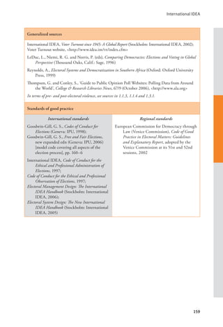 International IDEA
159
Generalized sources
International IDEA, Voter Turnout since 1945: A Global Report (Stockholm: International IDEA, 2002);
Voter Turnout website, <http://www.idea.int/vt/index.cfm>
LeDuc, L., Niemi, R. G. and Norris, P. (eds), Comparing Democracies: Elections and Voting in Global
Perspective (Thousand Oaks, Calif.: Sage, 1996)
Reynolds, A., Electoral Systems and Democratization in Southern Africa (Oxford: Oxford University
Press, 1999)
Thompson, G. and Conley, S., ‘Guide to Public Opinion Poll Websites: Polling Data from Around
the World’, College & Research Libraries News, 67/9 (October 2006), <http://www.ala.org>
In terms of pre- and post-electoral violence, see sources in 1.1.3, 1.1.4 and 1.3.1.
Standards of good practice
International standards
Goodwin-Gill, G. S., Codes of Conduct for
Elections (Geneva: IPU, 1998);
Goodwin-Gill, G. S., Free and Fair Elections,
new expanded edn (Geneva: IPU, 2006)
[model code covering all aspects of the
election process], pp. 160–6
International IDEA, Code of Conduct for the
Ethical and Professional Administration of
Elections, 1997;
Code of Conduct for the Ethical and Professional
Observation of Elections, 1997;
Electoral Management Design: The International
IDEA Handbook (Stockholm: International
IDEA, 2006);
Electoral System Design: The New International
IDEA Handbook (Stockholm: International
IDEA, 2005)
Regional standards
European Commission for Democracy through
Law (Venice Commission), Code of Good
Practice in Electoral Matters: Guidelines
and Explanatory Report, adopted by the
Venice Commission at its 51st and 52nd
sessions, 2002
 