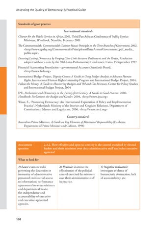 Assessing the Quality of Democracy: A Practical Guide
168
Standards of good practice
International standards
Charter for the Public Service in Africa, 2001, Third Pan African Conference of Public Service
Ministers, Windhoek, Namibia, February 2001
The Commonwealth, Commonwealth (Latimer House) Principles on the Three Branches of Government, 2002,
<http://www.cpahq.org/CommonwealthPrinciplesonThreeArmsofGovernment_pdf_media_
public.aspx>
Ensuring Lasting Democracy by Forging Close Links between Parliament and the People, Resolution
adopted without a vote by the 98th Inter-Parliamentary Conference, Cairo, 15 September 1997
Financial Accounting Foundation – governmental Accounts Standards Board, 			
<http://www.fasb.org>
International Budget Project, Dignity Counts: A Guide to Using Budget Analysis to Advance Human
Rights, International Human Rights Internship Program and International Budget Project, 2004;
Follow the Money: A Guide to Monitoring Budgets and Oil and Gas Revenues, Center for Policy Studies
and International Budget Project, 2004
IPU, Parliament and Democracy in the Twenty-first Century: A Guide to Good Practice, 2006;
Handbook: Parliament, the Budget and Gender, 2004, <http://www.ipu.org>
Wisse, E., ‘Promoting Democracy: An International Exploration of Policy and Implementation
Practice’, Netherlands Ministry of the Interior and Kingdom Relations, Department of
Constitutional Matters and Legislation, 2006, <http://www.oecd.org>
Country standards
Australian Prime Minister, A Guide on Key Elements of Ministerial Responsibility (Canberra:
Department of Prime Minister and Cabinet, 1998)
Assessment
question
2.3.2. How effective and open to scrutiny is the control exercised by elected
leaders and their ministers over their administrative staff and other executive
agencies?
What to look for
1) Laws: examine rules
governing the discretion or
immunity of administrative
personnel; ministerial access
to information; performance
agreements between ministers
and departmental heads;
the independence and
accountability of executive
and executive-appointed
agencies.
2) Practice: examine the
effectiveness of the political
control exercised by ministers
over their administrative staff
in practice.
3) Negative indicators:
investigate evidence of
bureaucratic obstruction, lack
of accountability, etc.
 