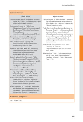 International IDEA
169
Generalized sources
Global sources
Governance and Social Development Resource
Centre, UK DFID, database on civil service
reform, <http://www.gsdrc.org>
Information Systems for Public Sector
Management, School of Environment and
Development, University of Manchester,
Working Papers, 			
<http://www.sed.manchester.ac.uk/idpm/>
International City/County Management
Association, <http://www.icma.org/>
IPU, Relations between Majority and
Minority Parties in African Parliaments,
Parliamentary Seminar, 1999
PublicNet is a World Wide Web community
created for everybody interested in the
public sector and its management: 		
<http://www.publicnet.co.uk/>
United Nations Online Network in Public
Administration and Finance (UNPAN),
international, regional and country-specific
documents and databases on ethics,
transparency and accountability, 		
<http://www.unpan.org>
World Bank, Civil Service Reform Study,
e.g. Klitgaard, R., ‘Cleaning Up and
Invigorating the Civil Service’, World
Bank, Washington, DC, 1996 (mimeo);
World Bank central public sector site, 		
<http://0-www1.worldbank.org.library.
vu.edu.au/publicsector/> (can be used for a
number of the following questions)
World Movement for Democracy, documents
and database of organizations working on
transparency, accountability and access to
information, <http://www.wmd.org/>
Regional sources
Global Coalition for Africa, Political Committee,
The Role and Functioning of Parliaments in
Africa, Issues Paper, <http://www.gcacma.org/
PoliticalCommittee.htm>
Public Law Active Research Project, University of
Tasmania, <http://www.foi.law.utas.edu.au/
active/intro.html>; covers freedom of
information, parliament and administrative
review, and comparative administrative law
– ombudsmen. Mainly a collection of
academic papers and analysis rather than
source materials
Public Law Gateway database based at the
University of Tasmania, 			
<http://www.foi.law.utas.edu.au/active/
index.html>
Subramaniam, V. (ed.), Public Administration
and the Third World: An International
Handbook (Westport, Conn.: Greenwood
Press, 1990)
Standards of good practice
See 2.6.1 and 2.6.2.
 