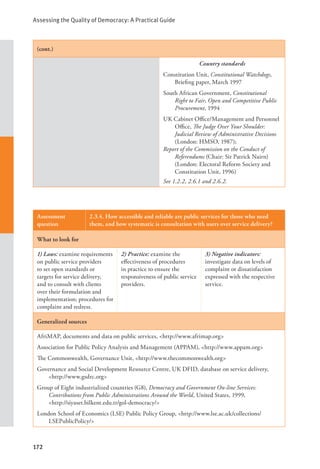 Assessing the Quality of Democracy: A Practical Guide
172
(cont.)
Country standards
Constitution Unit, Constitutional Watchdogs,
Briefing paper, March 1997
South African Government, Constitutional
Right to Fair, Open and Competitive Public
Procurement, 1994
UK Cabinet Office/Management and Personnel
Office, The Judge Over Your Shoulder:
Judicial Review of Administrative Decisions
(London: HMSO, 1987);
Report of the Commission on the Conduct of
Referendums (Chair: Sir Patrick Nairn)
(London: Electoral Reform Society and
Constitution Unit, 1996)
See 1.2.2, 2.6.1 and 2.6.2.
Assessment
question
2.3.4. How accessible and reliable are public services for those who need
them, and how systematic is consultation with users over service delivery?
What to look for
1) Laws: examine requirements
on public service providers
to set open standards or
targets for service delivery,
and to consult with clients
over their formulation and
implementation; procedures for
complaint and redress.
2) Practice: examine the
effectiveness of procedures
in practice to ensure the
responsiveness of public service
providers.
3) Negative indicators:
investigate data on levels of
complaint or dissatisfaction
expressed with the respective
service.
Generalized sources
AfriMAP, documents and data on public services, <http://www.afrimap.org>
Association for Public Policy Analysis and Management (APPAM), <http://www.appam.org>
The Commonwealth, Governance Unit, <http://www.thecommonwealth.org>
Governance and Social Development Resource Centre, UK DFID, database on service delivery,
<http://www.gsdrc.org>
Group of Eight industrialized countries (G8), Democracy and Government On-line Services:
Contributions from Public Administrations Around the World, United States, 1999, 		
<http://siyaset.bilkent.edu.tr/gol-democracy/>
London School of Economics (LSE) Public Policy Group, <http://www.lse.ac.uk/collections/
LSEPublicPolicy/>
 