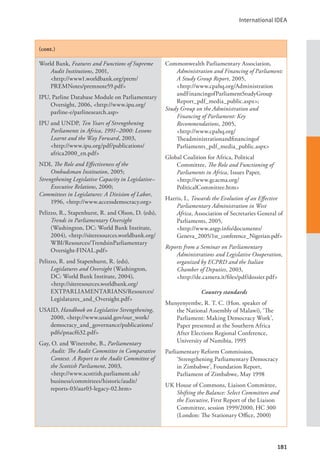 International IDEA
181
(cont.)
World Bank, Features and Functions of Supreme
Audit Institutions, 2001, 			
<http://www1.worldbank.org/prem/
PREMNotes/premnote59.pdf>
IPU, Parline Database Module on Parliamentary
Oversight, 2006, <http://www.ipu.org/
parline-e/parlinesearch.asp>
IPU and UNDP, Ten Years of Strengthening
Parliaments in Africa, 1991–2000: Lessons
Learnt and the Way Forward, 2003, 		
<http://www.ipu.org/pdf/publications/
africa2000_en.pdf>
NDI, The Role and Effectiveness of the
Ombudsman Institution, 2005;
Strengthening Legislative Capacity in Legislative–
Executive Relations, 2000;
Committees in Legislatures: A Division of Labor,
1996, <http://www.accessdemocracy.org>
Pelizzo, R., Stapenhurst, R. and Olson, D. (eds),
Trends in Parliamentary Oversight
(Washington, DC: World Bank Institute,
2004), <http://siteresources.worldbank.org/
WBI/Resources/TrendsinParliamentary
Oversight-FINAL.pdf>
Pelizzo, R. and Stapenhurst, R. (eds),
Legislatures and Oversight (Washington,
DC: World Bank Institute, 2004),
<http://siteresources.worldbank.org/
EXTPARLIAMENTARIANS/Resources/
Legislatures_and_Oversight.pdf>
USAID, Handbook on Legislative Strengthening,
2000, <http://www.usaid.gov/our_work/
democracy_and_governance/publications/
pdfs/pnacf632.pdf>
Gay, O. and Winetrobe, B., Parliamentary
Audit: The Audit Committee in Comparative
Context. A Report to the Audit Committee of
the Scottish Parliament, 2003, 		
<http://www.scottish.parliament.uk/
business/committees/historic/audit/		
reports-03/aur03-legacy-02.htm>
Commonwealth Parliamentary Association,
Administration and Financing of Parliament:
A Study Group Report, 2005, 		
<http://www.cpahq.org/Administration
andFinancingofParliamentStudyGroup
Report_pdf_media_public.aspx>;
Study Group on the Administration and
Financing of Parliament: Key
Recommendations, 2005, 			
<http://www.cpahq.org/
Theadministrationandfinancingof
Parliaments_pdf_media_public.aspx>
Global Coalition for Africa, Political
Committee, The Role and Functioning of
Parliaments in Africa, Issues Paper, 		
<http://www.gcacma.org/
PoliticalCommittee.htm>
Harris, I., Towards the Evolution of an Effective
Parliamentary Administration in West
Africa, Association of Secretaries General of
Parliaments, 2005, 			
<http://www.asgp.info/documents/
Geneva_2005/1st_conference_Nigerian.pdf>
Reports from a Seminar on Parliamentary
Administrations and Legislative Oooperation,
organized by ECPRD and the Italian
Chamber of Deputies, 2003, 		
<http://de.camera.it/files/pdf/dossier.pdf>
Country standards
Munyenyembe, R. T. C. (Hon. speaker of
the National Assembly of Malawi), ‘The
Parliament: Making Democracy Work’,
Paper presented at the Southern Africa
After Elections Regional Conference,
University of Namibia, 1995
Parliamentary Reform Commission,
‘Strengthening Parliamentary Democracy
in Zimbabwe’, Foundation Report,
Parliament of Zimbabwe, May 1998
UK House of Commons, Liaison Committee,
Shifting the Balance: Select Committees and
the Executive, First Report of the Liaison
Committee, session 1999/2000, HC 300
(London: The Stationary Office, 2000)
 