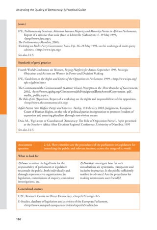 Assessing the Quality of Democracy: A Practical Guide
186
(cont.)
IPU, Parliamentary Seminar, Relations between Majority and Minority Parties in African Parliaments,
Report of a seminar that took place in Libreville (Gabon) on 17–19 May 1999, 		
<http://www.ipu.org>;
The Parliamentary Mandate, 2000;
Workshop on Multi-Party Government, Suva, Fiji, 26–28 May 1998, on the workings of multi-party
cabinets, <http://www.ipu.org>
See also 2.1.5.
Standards of good practice
Fourth World Conference on Women, Beijing Platform for Action, September 1995, Strategic
Objectives and Actions on Women in Power and Decision Making
IPU, Guidelines on the Rights and Duties of the Opposition in Parliament, 1999, <http://www.ipu.org/
splz-e/gabon.htm>
The Commonwealth, Commonwealth (Latimer House) Principles on the Three Branches of Government,
2002, <http://www.cpahq.org/CommonwealthPrinciplesonThreeArmsofGovernment_pdf_
media_public.aspx>;
The Role of the Opposition, Report of a workshop on the rights and responsibilities of the opposition,
<http://www.thecommonwealth.org>
Refah Partisi (The Welfare Party) and Others v. Turkey, 13 February 2003, Judgement, European
Court of Human Rights, on the role of political parties in opposition to promote freedom of
expression and ensuring pluralism through non-violent means
Dias, M., ‘Fig Leaves or Guardians of Democracy: The Role of Opposition Parties’, Paper presented
at the Southern Africa After Elections Regional Conference, University of Namibia, 1995
See also 2.1.5.
Assessment
question
2.4.6. How extensive are the procedures of the parliament or legislature for
consulting the public and relevant interests across the range of its work?
What to look for
1) Laws: examine the legal basis for the
responsibility of parliament or legislature
to consult the public, both individually and
through representative organizations, in
legislation, commissions of enquiry, committee
investigations, etc.
2) Practice: investigate how far such
consultations are systematic, transparent and
inclusive in practice. Is the public sufficiently
notified in advance? Are the procedures for
making submissions user-friendly?
Generalized sources
C2C, Research Centre on Direct Democracy, <http://c2d.unige.ch/>
E-Studies, database of legislation and activities of the European Parliament, 			
<http://www.europarl.europa.eu/activities/expert/eStudies.do>
 