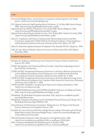International IDEA
187
(cont.)
International Budget Project, research theme on transparency and participation in the budget
process, <http://www.internationalbudget.org>
IPU, Regional Seminar for English-speaking African Parliaments, 22–24 May 2000, Nairobi (Kenya),
2000, <http://www.ipu.org/pdf/publications/nairobi_en.pdf>;
Regional Seminar for ASEAN+3 Parliaments, 23 to 25 July 2002, Manila (Philippines), 2002,
<http://www.ipu.org/PDF/publications/manila02_en.pdf>;
Regional Seminar for parliaments of South-west Asia, 26 to 28 May 2003, Colombo (Sri Lanka), 2004,
<http://www.ipu.org/PDF/publications/colombo_en.pdf>
Kurtz, K., ‘Legislatures and Citizens: Communications Between Representatives and Their
Constituents’, produced for USAID G/DG by the National Conference of State Legislatures
and the Research Foundation of the State University of New York, Albany, NY, 1997
Olson, D., Democratic Legislative Institutions: A Comparative View (Armonk, NY: M. E. Sharpe Inc., 1994)
Salih, M. (ed.), African Parliaments: Between Governance and Government (New York: Palgrave
Macmillan, 2005)
Standards of good practice
Beetham, D., Parliament and Democracy in the Twenty-First Century: A Guide to Good Practice
(Geneva: IPU, 2006)
UNDP, The Legislature and Constituency Relations (no date), <http://www.undp.org/governance/
docs/Parl-Pub-constrelat.htm>
UNDP and NDI, Strengthening Parliamentary Involvement in the Poverty Reduction Strategy Process
and the Millennium Development Goals: Parliamentary Civic Collaboration for Monitoring
Poverty Reduction Initiatives, Parliaments and Poverty Series Toolkit No. 2, 2004;
UNDP and NDI, Strengthening Parliamentary Involvement in the Poverty Reduction Strategy Process
and the Millennium Development Goals: Legislative Public Outreach on Poverty Issues, Parliaments
and Poverty Series Toolkit No. 3, 2004;
UNDP and NDI, Guidebook on Strengthening the Representative Capacity of Legislatures, 2001,
<http://www.accessdemocracy.org>
IPU, UNDP, World Bank Institute and UNIFEM, Handbook: Parliament, the Budget and Gender,
2004, <http://www.ipu.org/PDF/publications/budget_en.pdf>
World Bank, The World Bank Participation Sourcebook, 1996, <http://www.worldbank.org/wbi/
sourcebook/sbhome.htm>;
World Bank, Participatory Development and the World Bank: Potential Directions for Change, Vol. 1,
World Bank Discussion Paper WDP183, 1992
Hansard Society for Parliamentary Government, ‘Making the Law: The Report of the Hansard
Society Commission on the Legislative Process’, 1993
Krafchik, W., Can Civil Society Add Value to Budget Decision-making? A Description of Civil Society
Budget Work (no date), International Budget Project, <http://www.internationalbudget.org/
resources/library/civilsociety.pdf>
NDI and Namibian Parliament, Public Participation in the Legislation Process, 2001, 		
<http://www.accessdemocracy.org/library/1408_na_publicpart_093101.pdf>;
NDI, Constituency Handbook for Elected Representatives in Namibia, 2002, 			
<http://www.accessdemocracy.org/library/1376_na_constituencyhdbk.pdf>
 