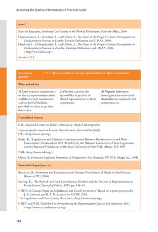 Assessing the Quality of Democracy: A Practical Guide
188
(cont.)
Scottish Executive, Involving Civil Society in the Work of Parliaments, Scottish Office, 2000
Chiwandamira, L., Overland, L. and Gilbert, S., The Power Is the People’s: Citizen Participation in
Parliamentary Processes in Lesotho, Lesotho Parliament and IDASA, 2006;
Overland, L., Chiwandamira, L. and Gilbert, S., The Power Is the People’s: Citizen Participation in
Parliamentary Processes in Zambia, Zambian Parliament and IDASA, 2006, 			
<http://www.eldis.org>
See also 2.3.3.
Assessment
question
2.4.7. How accessible are elected representatives to their constituents?
What to look for
1) Laws: examine requirements
on elected representatives to be
available to their constituents,
and the level of facilities
provided for them to perform
this service.
2) Practice: examine the
accessibility in practice of
elected representatives to their
constituents.
3) Negative indicators:
investigate data on levels of
dissatisfaction expressed with
representatives.
Generalized sources
C2C, Research Centre on Direct Democracy, <http://c2d.unige.ch/>
Country-specific sources to be used. General sources that could be of help:
IPU, <http://www.ipu.org>
Kurtz, K., ‘Legislatures and Citizens: Communications Between Representatives and Their
Constituents’, Produced for USAID G/DG by the National Conference of State Legislatures
and the Research Foundation of the State University of New York, Albany, NY, 1997
NDI, <http://www.ndi.org/>
Olson, D., Democratic Legislative Institutions: A Comparative View (Armonk, NY: M. E. Sharpe Inc., 1994)
Standards of good practice
Beetham, D., Parliament and Democracy in the Twenty-First Century: A Guide to Good Practice
(Geneva: IPU, 2006)
Searing, D., ‘The Role of the Good Constituency Member and the Practice of Representation in
Great Britain’, Journal of Politics, 1985, pp. 348–81
UNDP, ‘A Concept Paper on Legislatures and Good Governance’, Based on a paper prepared by
J. K. Johnson and R. T. Nakamura for UNDP, 1999;
‘The Legislature and Constituency Relations’, <http://www.undp.org>
UNDP and NDI, Guidebook on Strengthening the Representative Capacity of Legislatures, 2001,
<http://www.accessdemocracy.org>
 