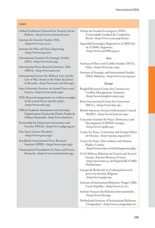 International IDEA
191
(cont.)
Global Facilitation Network for Security Sector
Reform, <http://www.ssrnetwork.net>
Institute for Security Studies (ISS), 		
<http://www.iss.co.za>
Institute for War and Peace Reporting, 		
<http://www.iwpr.net>
International Institute for Strategic Studies
(IISS), <http://www.iiss.org>
International Peace Research Institute, Oslo
(PRIO), <http://www.prio.no>
International Society for Military Law and the
Law of War, based at the Palais du Justice
in Brussels, <http://www.soc-mil-law.org/>
Inter-University Seminar on Armed Forces and
Society, <http://www.iusafs.org/>
NDI, Research programme on civilian oversight
of the armed forces and the police, 		
<http://www.ndi.org>
Official Academic Institutions and University
Organizations (Institut des Hautes Etudes de
Défense Nationale), <http://www.ihedn.fr>
Partnership for Democratic Governance and
Security (PDGS), <http://www.pdgs.org.ar>
Post-Soviet Armies Newsletter, 			
<http://www.psan.org/>
Stockholm International Peace Research
Institute (SIPRI), <http://www.sipri.org>
Transnational Foundation for Peace and Future
Research, <http://www.transnational.org>
Núcleo de Estudos Estratégicos (NEE),
Universidade Estadual de Campinhas,
Brazil, <http://www.unicamp.br/nee>
Seguridad Estratégica Regional en el 2000 (Ser
en el 2000), Argentina, 			
<http://www.ser2000.org.ar>
Asia
Institute of Peace and Conflict Studies (IPCS),
India, <http://www.ipcs.org>
Institute of Strategic and International Studies
(ISIS), Malaysia, <http://www.isis.org.my>
Europe
Berghof Research Center for Constructive
Conflict Management, Germany, 		
<http://www.berghof-center.org>
Bonn International Center for Conversion
(BICC), <http://www.bicc.de>
British American Security Information Council
(BASIC), <http://www.basicint.org>
Caucasian Institute for Peace, Democracy and
Development (CIPDD), Georgia, 		
<http://www.cipdd.org>
Center for Peace, Conversion and Foreign Policy
of Ukraine, <http://cpcfpu.org.ua/en/>
Center for Peace, Non-violence and Human
Rights, Croatia, 			
<http://www.centar-za-mir.hr/engonama.php>
Civil–Military Relations in Central and Eastern
Europe, Internet Resource Centre, 		
<http://www.bris.ac.uk/Depts/GRC/CMR/
Default.htm>
Groupe de Recherché et d’information sur la
paix et la sécurité, Belgium, 		
<http://www.grip.org>
Institute of International Relations ‘Prague‘ (IIR),
Czech Republic, <http://www.iir.cz/>
Institut Français des Relations Internationales,
<http://www.ifri.org>
Netherlands Institute of International Relations
‘Clingendael’, <http://www.clingendael.nl>
 