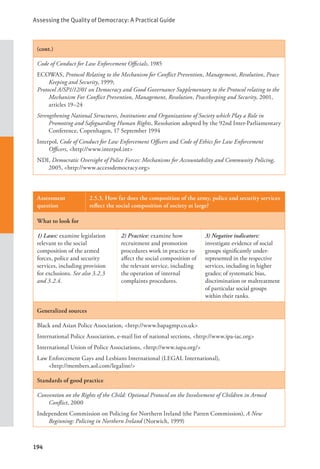 Assessing the Quality of Democracy: A Practical Guide
194
(cont.)
Code of Conduct for Law Enforcement Officials, 1985
ECOWAS, Protocol Relating to the Mechanism for Conflict Prevention, Management, Resolution, Peace
Keeping and Security, 1999;
Protocol A/SP1/12/01 on Democracy and Good Governance Supplementary to the Protocol relating to the
Mechanism For Conflict Prevention, Management, Resolution, Peacekeeping and Security, 2001,
articles 19–24
Strengthening National Structures, Institutions and Organizations of Society which Play a Role in
Promoting and Safeguarding Human Rights, Resolution adopted by the 92nd Inter-Parliamentary
Conference, Copenhagen, 17 September 1994
Interpol, Code of Conduct for Law Enforcement Officers and Code of Ethics for Law Enforcement
Officers, <http://www.interpol.int>
NDI, Democratic Oversight of Police Forces: Mechanisms for Accountability and Community Policing,
2005, <http://www.accessdemocracy.org>
Assessment
question
2.5.3. How far does the composition of the army, police and security services
reflect the social composition of society at large?
What to look for
1) Laws: examine legislation
relevant to the social
composition of the armed
forces, police and security
services, including provision
for exclusions. See also 3.2.3
and 3.2.4.
2) Practice: examine how
recruitment and promotion
procedures work in practice to
affect the social composition of
the relevant service, including
the operation of internal
complaints procedures.
3) Negative indicators:
investigate evidence of social
groups significantly under-
represented in the respective
services, including in higher
grades; of systematic bias,
discrimination or maltreatment
of particular social groups
within their ranks.
Generalized sources
Black and Asian Police Association, <http://www.bapagmp.co.uk>
International Police Association, e-mail list of national sections, <http://www.ipa-iac.org>
International Union of Police Associations, <http://www.iupa.org/>
Law Enforcement Gays and Lesbians International (LEGAL International), 			
<http://members.aol.com/legalint/>
Standards of good practice
Convention on the Rights of the Child: Optional Protocol on the Involvement of Children in Armed
Conflict, 2000
Independent Commission on Policing for Northern Ireland (the Patten Commission), A New
Beginning: Policing in Northern Ireland (Norwich, 1999)
 