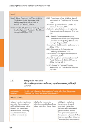 Assessing the Quality of Democracy: A Practical Guide
196
(cont.)
Fourth World Conference on Women, Beijing
Platform for Action, September 1995,
Strategic Objectives and Actions on
Women and Armed Conflict
International IDEA, Democracy and Deep-rooted
Conflict: Options for Negotiators (Stockholm:
International IDEA, 1998)
OAS, Commitment of Mar del Plata, Second
Inter-American Conference on Terrorism,
1998;
Declaration of Lima to Prevent, Combat and
Eliminate Terrorism, 1996;
Declaration of San Salvador on Strengthening
Cooperation in the Fight against Terrorism,
2003
OAU, Bamako Declaration on an African
Common Position on the Illicit Proliferation,
Circulation and Trafficking of Small Arms
and Light Weapons, 2000;
Convention for the Elimination of Mercenaries in
Africa, 1977;
OAU Convention on the Prevention and
Combating of Terrorism, 1999;
African Union, Non-Aggression and Common
Defence Pact, 2005;
Protocol to the African Charter on Human and
Peoples’ Rights on the Rights of Women in
Africa, 2003, article 11
SADC, Protocol on Control of Firearms,
Ammunition and Other Related Materials,
July 2002
2.6. Integrity in public life
Overarching question: Is the integrity of conduct in public life
assured?
Assessment
question
2.6.1. How effective is the separation of public office from the personal
business and family interests of office holders?
What to look for
1) Laws: examine regulations
governing the separation of
public office from the private
interests and connections
of office holders, including
declarations of interest,
conflicts of interest, etc.
2) Practice: examine the
effectiveness and independence
of the procedures for the above.
3) Negative indicators:
investigate evidence of
systematic connections
between office-holders and
private interests involved
with government; personal
favouritisms; failures to declare
interests or conflicts of interest;
‘revolving door’ appointments.
 