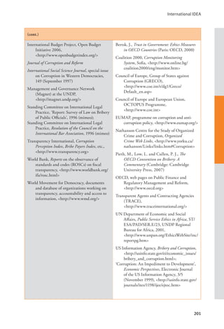 International IDEA
201
(cont.)
International Budget Project, Open Budget
Initiative 2006, 			
<http://www.openbudgetindex.org/>
Journal of Corruption and Reform
International Social Science Journal, special issue
on Corruption in Western Democracies,
149 (September 1997)
Management and Governance Network
(Magnet) at the UNDP, 			
<http://magnet.undp.org/>
Standing Committee on International Legal
Practice, ‘Report: Survey of Law on Bribery
of Public Officials’, 1996 (mimeo);
Standing Committee on International Legal
Practice, Resolution of the Council on the
International Bar Association, 1996 (mimeo)
Transparency International, Corruption
Perception Index, Bribe Payers Index, etc.,
<http://www.transparency.org>
World Bank, Reports on the observance of
standards and codes (ROSCs) on fiscal
transparency, <http://www.worldbank.org/
ifa/rosc.html>
World Movement for Democracy, documents
and database of organizations working on
transparency, accountability and access to
information, <http://www.wmd.org/>
Bertsk, J., Trust in Government: Ethics Measures
in OECD Countries (Paris: OECD, 2000)
Coalition 2000, Corruption Monitoring
System, Sofia, <http://www.online.bg/
coalition2000/eng/monitor.htm>
Council of Europe, Group of States against
Corruption (GRECO), 			
<http://www.coe.int/t/dg1/Greco/
Default_en.asp>
Council of Europe and European Union,
OCTOPUS Programme, 		
<http://www.coe.int>
EUMAP, programme on corruption and anti-
corruption policy, <http://www.eumap.org/>
Nathanson Centre for the Study of Organized
Crime and Corruption, Organized
Crime Web Links, <http://www.yorku.ca/
nathanson/Links/links.htm#Corruption>
Pieth, M., Low, L. and Cullen, P. J., The
OECD Convention on Bribery: A
Commentary (Cambridge: Cambridge
University Press, 2007)
OECD, web pages on Public Finance and
Regulatory Management and Reform,
<http://www.oecd.org>
Transparent Agents and Contracting Agencies
(TRACE), 				
<http://www.traceinternational.org/>
UN Department of Economic and Social
Affairs, Public Service Ethics in Africa, ST/
ESA/PAD/SER.E/23, UNDP Regional
Bureau for Africa, 2001, 			
<http://www.unpan.org/EthicsWebSite/inc/
reportpg.htm>
US Information Agency, Bribery and Corruption,
<http://usinfo.state.gov/ei/economic_issues/
bribery_and_corruption.html>;
‘Corruption: An Impediment to Development’,
Economic Perspectives, Electronic Journal
of the US Information Agency, 3/5
(November 1999), <http://usinfo.state.gov/
journals/ites/1198/ijee/ejtoc.htm>
 