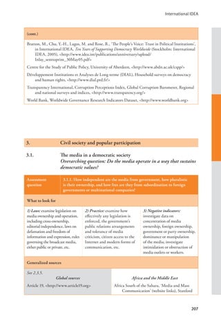 International IDEA
207
(cont.)
Bratton, M., Chu, Y.-H., Lagos, M. and Rose, R., ‘The People’s Voice: Trust in Political Institutions’,
in International IDEA, Ten Years of Supporting Democracy Worldwide (Stockholm: International
IDEA, 2005), <http://www.idea.int/publications/anniversary/upload/			
Inlay_senttoprint_30May05.pdf>
Centre for the Study of Public Policy, University of Aberdeen, <http://www.abdn.ac.uk/cspp/>
Développement Institutions et Analyses de Long terme (DIAL), Household surveys on democracy
and human rights, <http://www.dial.prd.fr/>
Transparency International, Corruption Perceptions Index, Global Corruption Barometer, Regional
and national surveys and indices, <http://www.transparency.org/>
World Bank, Worldwide Governance Research Indicators Dataset, <http://www.worldbank.org>
3.		 Civil society and popular participation
3.1. The media in a democratic society
Overarching question: Do the media operate in a way that sustains
democratic values?
Assessment
question
3.1.1. How independent are the media from government, how pluralistic
is their ownership, and how free are they from subordination to foreign
governments or multinational companies?
What to look for
1) Laws: examine legislation on
media ownership and operation,
including cross-ownership,
editorial independence, laws on
defamation and freedom of
information and expression, rules
governing the broadcast media,
either public or private, etc.
2) Practice: examine how
effectively any legislation is
enforced, the government’s
public relations arrangements
and tolerance of media
criticism, citizen access to the
Internet and modern forms of
communication, etc.
3) Negative indicators:
investigate data on
concentration of media
ownership, foreign ownership,
government or party ownership,
dominance or manipulation
of the media; investigate
intimidation or obstruction of
media outlets or workers.
Generalized sources
See 2.3.5.
Global sources
Article 19, <http://www.article19.org>
Africa and the Middle East
Africa South of the Sahara, ‘Media and Mass
Communication’ (website links), Stanford
 