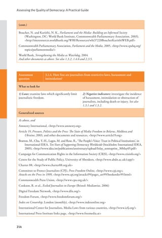 Assessing the Quality of Democracy: A Practical Guide
214
(cont.)
Bouchet, N. and Kariithi, N. K., Parliament and the Media: Building an Informed Society
(Washington, DC: World Bank Institute, Commonwealth Parliamentary Association, 2003),
<http://siteresources.worldbank.org/WBI/Resources/wbi37228BouchetKariithiWEB.pdf>
Commonwealth Parliamentary Association, Parliament and the Media, 2005, <http://www.cpahq.org/
topics/parliamentmedia/>
World Bank, Strengthening the Media as Watchdog, 2004
And other documents as above. See also 1.3.2, 1.4.6 and 2.3.5.
Assessment
question
3.1.4. How free are journalists from restrictive laws, harassment and
intimidation?
What to look for
1) Laws: examine laws which significantly limit
journalistic freedom.
2) Negative indicators: investigate the incidence
of harassment, intimidation or obstruction of
journalists, including death or injury. See also
1.3.1 and 1.3.2.
Generalized sources
As above, and
Amnesty International, <http://www.amnesty.org>
Article 19, Pressure, Politics and the Press: The State of Media Freedom in Belarus, Moldova and
Ukraine, 2003, and other documents and resources, <http://www.article19.org>
Bratton, M., Chu, Y.-H., Lagos, M. and Rose, R., ‘The People’s Voice: Trust in Political Institutions’, in
International IDEA, Ten Years of Supporting Democracy Worldwide (Stockholm: International IDEA,
2005), <http://www.idea.int/publications/anniversary/upload/Inlay_senttoprint_30May05.pdf>
Campaign for Communication Rights in the Information Society (CRIS), <http://www.crisinfo.org/>
Centre for the Study of Public Policy, University of Aberdeen, <http://www.abdn.ac.uk/cspp/>
Charter 88, <http://www.charter88.org.uk>
Committee to Protect Journalists (CPJ), Press Freedom Online, <http://www.cpj.org>;
Attacks on the Press in 1999, <http://www.cpj.org/attacks99/pages_att99/bookorder99.html>
Commonwealth Press Union, <http://www.cpu.org.uk/>
Cookson, R. et al., Exiled Journalists in Europe (Bristol: Mediawise, 2006)
Digital Freedom Network, <http://www.dfn.org/>
Freedom Forum, <http://www.freedomforum.org/>
Index on Censorship, London (monthly), <http://www.indexonline.org>
International Center for Journalists, Media Laws from various countries, <http://www.icfj.org/>
International Press Institute links page, <http://www.freemedia.at>
 