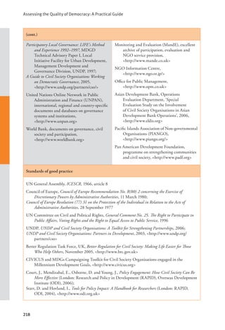 Assessing the Quality of Democracy: A Practical Guide
218
(cont.)
Participatory Local Governance: LIFE’s Method
and Experience 1992–1997, MDGD
Technical Advisory Paper I, Local
Initiative Facility for Urban Development,
Management Development and
Governance Division, UNDP, 1997;
A Guide to Civil Society Organisations Working
on Democratic Governance, 2005, 		
<http://www.undp.org/partners/cso/>
United Nations Online Network in Public
Administration and Finance (UNPAN),
international, regional and country-specific
documents and databases on governance
systems and institutions, 			
<http://www.unpan.org>
World Bank, documents on governance, civil
society and participation, 		
<http://www.worldbank.org>
Monitoring and Evaluation (MandE), excellent
archive of participation, evaluation and
NGO service provision, 			
<http://www.mande.co.uk>
NGO Information Centre, 			
<http://www.ngo.or.jp/>
Office for Public Management, 		
<http://www.opm.co.uk>
Asian Development Bank, Operations
Evaluation Department, ‘Special
Evaluation Study on the Involvement
of Civil Society Organisations in Asian
Development Bank Operations’, 2006,
<http://www.eldis.org>
Pacific Islands Association of Non-governmental
Organisations (PIANGO), 		
<http://www.piango.org/>
Pan American Development Foundation,
programme on strengthening communities
and civil society, <http://www.padf.org>
Standards of good practice
UN General Assembly, ICESCR, 1966, article 8
Council of Europe, Council of Europe Recommendation No. R(80) 2 concerning the Exercise of
Discretionary Powers by Administrative Authorities, 11 March 1980;
Council of Europe Resolution (77) 31 on the Protection of the Individual in Relation to the Acts of
Administrative Authorities, 28 September 1977
UN Committee on Civil and Political Rights, General Comment No. 25. The Right to Participate in
Public Affairs, Voting Rights and the Right to Equal Access to Public Service, 1996
UNDP, UNDP and Civil Society Organisations: A Toolkit for Strengthening Partnerships, 2006;
UNDP and Civil Society Organisations: Partners in Development, 2003, <http://www.undp.org/
partners/cso>
Better Regulation Task Force, UK, Better Regulation for Civil Society: Making Life Easier for Those
Who Help Others, November 2005, <http://www.brc.gov.uk>
CIVICUS and MDGs Campaigning Toolkit for Civil Society Organisations engaged in the
Millennium Development Goals, <http://www.civicus.org>
Court, J., Mendizabal, E., Osborne, D. and Young, J., Policy Engagement: How Civil Society Can Be
More Effective (London: Research and Policy in Development (RAPID), Overseas Development
Institute (ODI), 2006);
Start, D. and Hovland, I., Tools for Policy Impact: A Handbook for Researchers (London: RAPID,
ODI, 2004), <http://www.odi.org.uk>
 