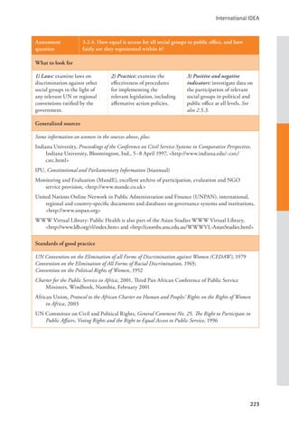 International IDEA
223
Assessment
question
3.2.4. How equal is access for all social groups to public office, and how
fairly are they represented within it?
What to look for
1) Laws: examine laws on
discrimination against other
social groups in the light of
any relevant UN or regional
conventions ratified by the
government.
2) Practice: examine the
effectiveness of procedures
for implementing the
relevant legislation, including
affirmative action policies.
3) Positive and negative
indicators: investigate data on
the participation of relevant
social groups in political and
public office at all levels. See
also 2.5.3.
Generalized sources
Some information on women in the sources above, plus:
Indiana University, Proceedings of the Conference on Civil Service Systems in Comparative Perspective,
Indiana University, Bloomington, Ind., 5–8 April 1997, <http://www.indiana.edu/~csrc/
csrc.html>
IPU, Constitutional and Parliamentary Information (biannual)
Monitoring and Evaluation (MandE), excellent archive of participation, evaluation and NGO
service provision, <http://www.mande.co.uk>
United Nations Online Network in Public Administration and Finance (UNPAN), international,
regional and country-specific documents and databases on governance systems and institutions,
<http://www.unpan.org>
WWW Virtual Library: Public Health is also part of the Asian Studies WWW Virtual Library,
<http://www.ldb.org/vl/index.htm> and <http://coombs.anu.edu.au/WWWVL-AsianStudies.html>
Standards of good practice
UN Convention on the Elimination of all Forms of Discrimination against Women (CEDAW), 1979
Convention on the Elimination of All Forms of Racial Discrimination, 1965;
Convention on the Political Rights of Women, 1952
Charter for the Public Service in Africa, 2001, Third Pan African Conference of Public Service
Ministers, Windhoek, Namibia, February 2001
African Union, Protocol to the African Charter on Human and Peoples’ Rights on the Rights of Women
in Africa, 2003
UN Committee on Civil and Political Rights, General Comment No. 25. The Right to Participate in
Public Affairs, Voting Rights and the Right to Equal Access to Public Service, 1996
 