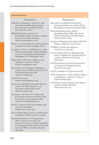 Assessing the Quality of Democracy: A Practical Guide
230
Generalized sources
General sources
Bodansky, D., Brunnee, J. and Hey, E. (eds),
The Oxford Handbook of International
Environmental Law (Oxford: Oxford
University Press, 2007)
BRIDGE Programme, Institute for
Development Studies, University of Sussex,
Resources on Gender and Trade, 		
<http://www.bridge.ids.ac.uk>
Brown, E., Structural Adjustment: Theory, Practice
and Impacts (London: Routledge, 2000)
Coudouel, A., Dani, A. and Paternostro, S. (eds),
Poverty and Social Impact Analysis of Reforms:
Lessons and Examples from Implementation
(Washington, DC: World Bank, 2003)
Diplo Online, with tools on diplomacy and
databases on embassies’ websites, 		
<http://www.diplomacy.edu>
Eldis Gateway to Development Information,
database on aid and debt, trade policy, and
the World Bank and the IMF, 		
<http://www.eldis.org/>
Global Policy Forum, 			
<http://www.globalpolicy.org/>
Governance and Social Development Resource
Centre, UK DFID, database on aid
instruments and aid effectiveness, 		
<http://www.gsdrc.org>
Gwartney, J. and Lawson, R. with Easterly,
W., Economic Freedom of the World: 2006
Annual Report, Fraser Institute, 2006,
<http://www.freetheworld.com>
Henry L. Stimson Center (peacekeeping, arms
control, foreign policy), 			
<http://www.stimson.org>
Human Rights Watch, reports on multinational
corporations (MNCs) and host countries
International Institute for Strategic Studies
(IISS), <http://www.iiss.org/>; for
comprehensive data on military expenditure
see Stockholm International Peace Research
Institute (SIPRI), <http://first.sipri.org/
index.php>
Regional sources
Debt statistics available from the Bank for
International Settlements and the OECD
Development Assistance Committee (DAC)
African Development Bank, African
Development Report 2004: Africa in the
Global Trading System (Oxford: Oxford
University Press, 2004)
Association of Southeast Asian Nations (ASEAN),
Statistics, <http://www.aseansec.org/>
ECOWAS, external trade indicators, 		
<http://www.ecostat.org/>
Economic Research Forum, database of data
sources in Middle East and North African
countries, <http://www.erf.org.eg/		
index.html>
OAS Permanent Council, Special Committee
on Transnational Organised Crime,
<http://www.oas.org>
OECD, Development Co-operation (annual)
SADC, Programme on Trade, Industry, Finance
and Investment, <http://www.sadc.int/
english/tifi/index.php>
UN Economic Commission for Latin America
and the Caribbean (ECLAC), 		
<http://www.eclac.cl/>
 