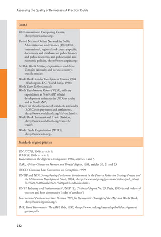 Assessing the Quality of Democracy: A Practical Guide
232
(cont.)
UN International Computing Centre, 		
<http://www.unicc.org>
United Nations Online Network in Public
Administration and Finance (UNPAN),
international, regional and country-specific
documents and databases on public finance
and public resources, and public social and
economic policies, <http://www.unpan.org>
ACDA, World Military Expenditures and Arms
Transfers (annual); and various country-
specific studies
World Bank, Global Development Finance 1998
(Washington, DC: World Bank, 1998);
World Debt Tables (annual);
World Development Report (WDR), military
expenditure as % of GDP, official
development assistance in USD per capita
and as % of GNP;
Reports on the observance of standards and codes
(ROSCs) on payments and settlements,
<http://www.worldbank.org/ifa/rosc.html>;
World Bank, International Trade Division,
<http://www.worldbank.org/research/
trade/>
World Trade Organization (WTO), 		
<http://www.wto.org>
Standards of good practice
UN ICCPR, 1966, article 1;
ICESCR, 1966, article 1;
Declaration on the Right to Development, 1986, articles 1 and 5
OAU, African Charter on Human and Peoples’ Rights, 1981, articles 20, 21 and 23
OECD, Criminal Law Convention on Corruption, 1999
UNDP and NDI, Strengthening Parliament Involvement in the Poverty Reduction Strategy Process and
the Millennium Development Goals, 2004, <http://www.undp.org/governance/docs/parl_other/
Parl%20-%20Guides%20-%20parlthandbooks.htm>
UNEP Industry and Environment (UNEP IE), Technical Report No. 29, Paris, 1995 (travel industry/
tourism and host community ‘codes of conduct’)
International Parliamentarians’ Petition (IPP) for Democratic Oversight of the IMF and World Bank,
<http://www.ippinfo.org/>
IMF, Good Governance: The IMF’s Role, 1997, <http://www.imf.org/external/pubs/ft/exrp/govern/
govern.pdf>
 
