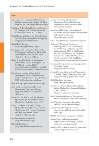 Assessing the Quality of Democracy: A Practical Guide
234
(cont.)
Eldis Gateway to Development Information,
database on trade policy, and on the World
Bank and the IMF, <http://www.eldis.org/>
Gallagher, P., Low, P. and Stoler, A., Managing
the Challenges of WTO Participation: 45
Case Studies (Geneva: WTO, 2005)
Global Exchange, links on the World Bank and
the IMF, <http://www.globalexchange.org/
campaigns/wbimf/links.html>
Global Policy Forum, 			
<http://www.globalpolicy.org/>
Gwartney, J. and Lawson, R. with Easterly,
W., Economic Freedom of the World: 2006
Annual Report, Fraser Institute, 2006,
<http://www.freetheworld.com>
Hubli, S. and Mandaville, A., Parliaments
and the PRSP Process (Washington, DC:
World Bank Institute, 2004),
<http://siteresources.worldbank.org/WBI/
Resources/wbi37231HubliMandavilleweb.pdf>
International Institute for Sustainable
Development (IISD), Environment and
Trade: A Handbook, 2nd edn (UNEP and
IISD, 2005), <http://www.iisd.org>
IMF Working Papers, <http://www.imf.org>
Keele Guide to International Affairs and
Transnational Issues on the Internet,
<http://www.keele.ac.uk/depts/por/		
irbase.htm>
Maren, M., The Road to Hell: The Ravaging
Effects of Foreign Aid and International
Charity (New York: Free Press, 1997)
Kane, T., Holmes, K. R. and O’Grady,
M. A., 2007 Index of Economic Freedom
(Washington, DC: Heritage Foundation
and Wall Street Journal, 2006), 		
<http://www.heritage.org>
New Internationalist magazine, 		
<http://www.newint.org/>
Oxfam Policy Papers, 			
<http://www.oxfam.org/en/policy/>
African Development Bank, African
Development Report 2000: Regional
Integration in Africa (Oxford: Oxford
University Press, 2000)
Australian APEC Study Centre, Monash
University, resources on trade, environment
and regulation of finance, 		
<http://www.apec.org.au/>
C2D Direct Democracy, <http://c2d.unige.ch/>
Dialogue for Democratic Development:
Renewing the ACP–EU Partnership for
the 21st Century, Conference organized
by International IDEA in collaboration
with the Commission of the European
Communities and the ACP Secretariat,
23–25 November, 1998, Stockholm,
<http://archive.idea.int/lome/sitemap.html>
Economic Reconstruction and Development in
South East Europe, 			
<http://www.seerecon.org/>
Europa Directory of International Organizations
(London: Europa Publications, May 2000),
<http://www.europapublications.co.uk>
Global Coalition for Africa, 			
<http://www.gcacma.org/>
International Reform Monitor: Social Policy,
Labour Market Policy, Industrial Relations
(OECD-based), 			
<http://www.reformmonitor.org>
Inter-Parliamentary Forum of the Americas,
Virtual Parliament, <http://www.e-fipa.org>
Latin American Integration Association
(ALADI), <http://www.aladi.org/>
Mediterranean Development Forum, 		
<http://info.worldbank.org/etools/mdfdb/
index.asp>
OECD, Development Co-operation (annual)
South Centre: An Intergovernmental
Organization of Developing Countries,
<http://www.southcentre.org/>
Southern African Research and Documentation
Centre, <http://www.sardc.net>
 