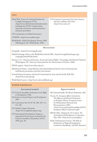 International IDEA
235
(cont.)
Relief Web, Financial Tracking Database for
Complex Emergencies (FTS), 		
<http://www.reliefweb.int/arfts/index.html>,
including the ECHO 14-point donor
reporting conventions and humanitarian
assistance procedures
UN Commission on Global Governance
UNIFEM, <http://www.unifem.org/>
World Bank, Global Development Finance 1998
(Washington, DC: World Bank, 1998)
UN Economic Commission for Latin America
and the Caribbean (ECLAC), 		
<http://www.eclac.cl/>
Macroeconomic
Euroguide, <http://www.euroguide.org/>
Global Exchange, links on the World Bank and the IMF, <http://www.globalexchange.org/
campaigns/wbimf/links.html>
Hansen, S. A., Thesaurus of Economic, Social and Cultural Rights: Terminology and Potential Violations
(Washington, DC: American Association for the Advancement of Science, 2000)
IDASA, papers, <http://www.idasa.org.za/>
Multilaterals Project, <http://fletcher.tufts.edu/multilaterals.html> (texts of international
multilateral conventions and other instruments)
United Nations Economic and Social Commission for Asia and the Pacific (ESCAP), 		
<http://www.unescap.org>
World Bank Sources, <http://www-wds.worldbank.org>
Standards of good practice
International standards
UN General Assembly, Declaration on the Right
to Development, 1986;
Declaration on Social Progress and Development,
1969
ILO Conventions Nos 29, 87, 98, 100, 105, 111,
113, 182
UN Global Compact Network, 		
<http://www.unglobalcompact.org>
UN International Development Targets as
requested of the Secretary-General by the
General Assembly in Resolution 53/192,
1999, para. 60
Regional standards
The Commonwealth, The Harare Declaration, 1991
Travers, D., European Affairs Committees:
The Influence of National Parliaments
on European Policies, European Centre
for Parliamentary Research and
Documentation, 2002, 			
<http://www.ecprd.org/Doc/publica/OTH/
European Affairs Committees.pdf>
OECD, DAC, Shaping the 21st Century: The
Contribution of Development Co-operation,
May 1996, <http://www.oecd.org/dac>
SADC Parliamentary Forum, ‘The Role of
Parliaments in Regional Integration’,
Conference Handbook, 2nd 2001 Biannual
 