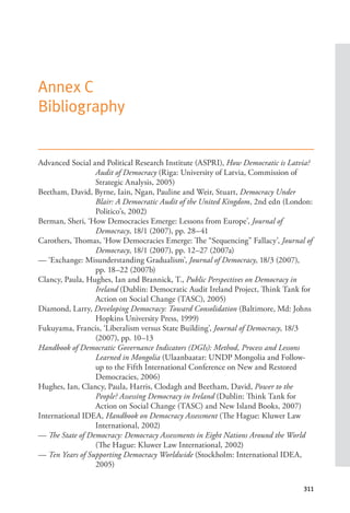 311
Annex C
Bibliography
Advanced Social and Political Research Institute (ASPRI), How Democratic is Latvia?
Audit of Democracy (Riga: University of Latvia, Commission of
Strategic Analysis, 2005)
Beetham, David, Byrne, Iain, Ngan, Pauline and Weir, Stuart, Democracy Under
Blair: A Democratic Audit of the United Kingdom, 2nd edn (London:
Politico’s, 2002)
Berman, Sheri, ‘How Democracies Emerge: Lessons from Europe’, Journal of
Democracy, 18/1 (2007), pp. 28–41
Carothers, Thomas, ‘How Democracies Emerge: The “Sequencing” Fallacy’, Journal of
Democracy, 18/1 (2007), pp. 12–27 (2007a)
— ‘Exchange: Misunderstanding Gradualism’, Journal of Democracy, 18/3 (2007),
pp. 18–22 (2007b)
Clancy, Paula, Hughes, Ian and Brannick, T., Public Perspectives on Democracy in
Ireland (Dublin: Democratic Audit Ireland Project, Think Tank for
Action on Social Change (TASC), 2005)
Diamond, Larry, Developing Democracy: Toward Consolidation (Baltimore, Md: Johns
Hopkins University Press, 1999)
Fukuyama, Francis, ‘Liberalism versus State Building’, Journal of Democracy, 18/3
(2007), pp. 10–13
Handbook of Democratic Governance Indicators (DGIs): Method, Process and Lessons
Learned in Mongolia (Ulaanbaatar: UNDP Mongolia and Follow-
up to the Fifth International Conference on New and Restored
Democracies, 2006)
Hughes, Ian, Clancy, Paula, Harris, Clodagh and Beetham, David, Power to the
People? Assessing Democracy in Ireland (Dublin: Think Tank for
Action on Social Change (TASC) and New Island Books, 2007)
International IDEA, Handbook on Democracy Assessment (The Hague: Kluwer Law
International, 2002)
— The State of Democracy: Democracy Assessments in Eight Nations Around the World
(The Hague: Kluwer Law International, 2002)
— Ten Years of Supporting Democracy Worldwide (Stockholm: International IDEA,
2005)
 