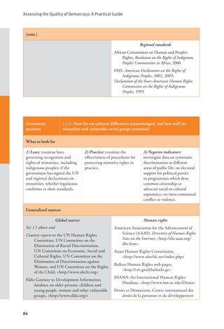 Assessing the Quality of Democracy: A Practical Guide
84
(cont.)
Regional standards
African Commission on Human and People’s
Rights, Resolution on the Rights of Indigenous
Peoples’ Communities in Africa, 2000
OAS, American Declaration on the Rights of
Indigenous Peoples, 2002, 2003;
Declaration of the Inter-American Human Rights
Commission on the Rights of Indigenous
Peoples, 1995
Assessment
question
1.1.2. How far are cultural differences acknowledged, and how well are
minorities and vulnerable social groups protected?
What to look for
1) Laws: examine laws
governing recognition and
rights of minorities, including
indigenous peoples; if the
government has signed the UN
and regional declarations on
minorities, whether legislation
conforms to their standards.
2) Practice: examine the
effectiveness of procedures for
protecting minority rights in
practice.
3) Negative indicators:
investigate data on systematic
discrimination in different
areas of public life; on electoral
support for political parties
or programmes which deny
common citizenship or
advocate racial or cultural
supremacy; on intra-communal
conflict or violence.
Generalized sources
Global sources
See 1.1 above and
Country reports to the UN Human Rights
Committee, UN Committee on the
Elimination of Racial Discrimination,
UN Committee on Economic, Social and
Cultural Rights, UN Committee on the
Elimination of Discrimination against
Women, and UN Committee on the Rights
of the Child, <http://www.ohchr.org>
Eldis Gateway to Development Information,
database on older persons, children and
young people, women and other vulnerable
groups, <http://www.eldis.org/>
Human rights
American Association for the Advancement of
Science (AAAS), Directory of Human Rights
Sites on the Internet, <http://shr.aaas.org/
dhr.htm>
Asian Human Rights Commission, 		
<http://www.ahrchk.net/index.php>
Balkan Human Rights web pages, 		
<http://cm.greekhelsinki.gr>
DIANA: An International Human Rights
Database, <http://www.law.uc.edu/Diana>
Droits et Démocratie, Centre international des
droits de la personne et du développement
 