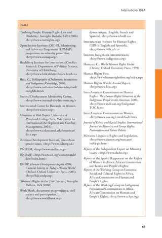International IDEA
85
(cont.)
‘Enabling People: Human Rights Law and
Disability’, Interights Bulletin, 14/3 (2006),
<http://www.interights.org>
Open Society Institute (OSI) EU Monitoring
and Advocacy Programme (EUMAP),
programme on minority protection,
<http://www.eumap.org/>
Heidelberg Institute for International Conflict
Research, Department of Political Science,
University of Heidelberg,
<http://www.hiik.de/start/index.html.en>
Hess, C., Bibliography of Indigenous Institutions
and Indigenous Knowledge, 2006, 		
<http://www.indiana.edu/~workshop/wsl/
indigbib.html>
Internal Displacement Monitoring Centre,
<http://www.internal-displacement.org/>
International Center for Research on Women,
<http://www.icrw.org/>
Minorities at Risk Project, University of
Maryland, College Park, Md: Center for
International Development and Conflict
Management, 2005, 			
<http://www.cidcm.umd.edu/inscr/mar/
data.asp>
Overseas Development Institute, research on
gender issues, <http://www.odi.org.uk>
UNIFEM, <http://www.unifem.org>
UNDAW, <http://www.un.org/womenwatch/
daw/index.html>
UNDP, Human Development Report 2004:
Cultural Liberty in Today’s Diverse World
(Oxford: Oxford University Press, 2004),
<http://hdr.undp.org>
‘Women’s Rights in the 21st Century’, Interights
Bulletin, 14/4 (2006)
World Bank, documents on governance, civil
society and participation,
<http://www.worldbank.org>
démocratique, (English, French and
Spanish), <http://www.ichrdd.ca>
Interamerican Institute for Human Rights
(IIDH) (English and Spanish), 		
<http://www.iidh.ed.cr>
Instituto Indigenista Interamericano,
<http://www.indigenista.org>
Humana, C., World Human Rights Guide
(Oxford: Oxford University Press, 1992)
Human Rights First,
<http://www.humanrightsfirst.org/index.asp>
Human Rights Watch, Annual Report, 		
<http://www.hrw.org>
Inter-American Commission on Human
Rights, The Human Rights Situation of the
Indigenous People in the Americas, 2000,
<http://www.cidh.oas.org/Indigenas/
TOC.htm>
Inter-American Commission on Women,
<http://www.oas.org/cim/default.htm>
Journal of Ethnic and Racial Studies; International
Journal on Minority and Group Rights;
Nationalism and Ethnic Politics
Mercator, Linguistic Rights and Legislation,
<http://www.ciemen.org/mercator/ 		
index-gb.htm>
Reports of the Independent Expert on Minority
Issues, <http://www.ohchr.org>
Reports of the Special Rapporteur on the Rights
of Women in Africa, African Commission
on Human and People’s Rights;
Reports of the Working Group on Economic,
Social and Cultural Rights in Africa,
African Commission on Human and
People’s Rights;
Reports of the Working Group on Indigenous
Populations/Communities in Africa,
African Commission on Human and
People’s Rights, <http://www.achpr.org>
 
