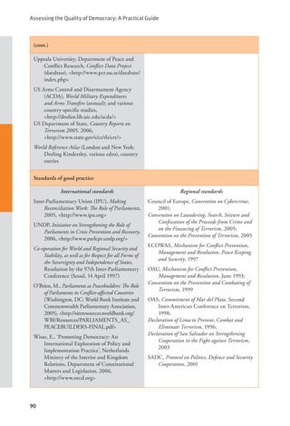 Assessing the Quality of Democracy: A Practical Guide
90
(cont.)
Uppsala University, Department of Peace and
Conflict Research, Conflict Data Project
(database), <http://www.pcr.uu.se/database/
index.php>
US Arms Control and Disarmament Agency
(ACDA), World Military Expenditures
and Arms Transfers (annual); and various
country-specific studies,			
<http://dosfan.lib.uic.edu/acda/>
US Department of State, Country Reports on
Terrorism 2005, 2006,		
<http://www.state.gov/s/ct/rls/crt/>
World Reference Atlas (London and New York:
Dorling Kindersley, various edns), country
entries
Standards of good practice
International standards
Inter-Parliamentary Union (IPU), Making
Reconciliation Work: The Role of Parliaments,
2005, <http://www.ipu.org>
UNDP, Initiative on Strengthening the Role of
Parliaments in Crisis Prevention and Recovery,
2006, <http://www.parlcpr.undp.org/>
Co-operation for World and Regional Security and
Stability, as well as for Respect for all Forms of
the Sovereignty and Independence of States,
Resolution by the 97th Inter-Parliamentary
Conference (Seoul, 14 April 1997)
O’Brien, M., Parliaments as Peacebuilders: The Role
of Parliaments in Conflict-affected Countries
(Washington, DC: World Bank Institute and
Commonwealth Parliamentary Association,
2005), <http://siteresources.worldbank.org/
WBI/Resources/PARLIAMENTS_AS_
PEACEBUILDERS-FINAL.pdf>
Wisse, E., ‘Promoting Democracy: An
International Exploration of Policy and
Implementation Practice’, Netherlands
Ministry of the Interior and Kingdom
Relations, Department of Constitutional
Matters and Legislation, 2006, 		
<http://www.oecd.org>
Regional standards
Council of Europe, Convention on Cybercrime,
2001;
Convention on Laundering, Search, Seizure and
Confiscation of the Proceeds from Crime and
on the Financing of Terrorism, 2005;
Convention on the Prevention of Terrorism, 2005
ECOWAS, Mechanism for Conflict Prevention,
Management and Resolution, Peace Keeping
and Security, 1997
OAU, Mechanism for Conflict Prevention,
Management and Resolution, June 1993;
Convention on the Prevention and Combating of
Terrorism, 1999
OAS, Commitment of Mar del Plata, Second
Inter-American Conference on Terrorism,
1998;
Declaration of Lima to Prevent, Combat and
Eliminate Terrorism, 1996;
Declaration of San Salvador on Strengthening
Cooperation in the Fight against Terrorism,
2003
SADC, Protocol on Politics, Defence and Security
Cooperation, 2001
 