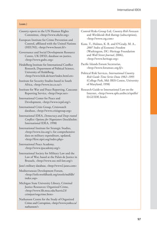 International IDEA
97
(cont.)
Country reports to the UN Human Rights
Committee, <http://www.ohchr.org>
European Institute for Crime Prevention and
Control, affiliated with the United Nations
(HEUNI), <http://www.heuni.fi/>
Governance and Social Development Resource
Centre, UK DFID, database on justice,
<http://www.gsdrc.org>
Heidelberg Institute for International Conflict
Research, Department of Political Science,
University of Heidelberg, 			
<http://www.hiik.de/start/index.html.en>
Institute for Security Studies based in South
Africa, <http://www.iss.co.za/>
Institute for War and Peace Reporting, Caucasus
Reporting Service, <http://iwpr.net>
International Center for Peace and
Development, <http://www.icpd.org/>
International Crisis Group, Crisiswatch
database, <http://www.crisisgroup.org>
International IDEA, Democracy and Deep-rooted
Conflict: Options for Negotiators (Stockholm:
International IDEA, 1998)
International Institute for Strategic Studies,
<http://www.iiss.org/>; for comprehensive
data on military expenditure, updated,
<http://first.sipri.org/index.php>
International Peace Academy, 			
<http://www.ipacademy.org/>
International Society for Military Law and the
Law of War, based at the Palais de Justice in
Brussels, <http://www.soc-mil-law.org/>
Jane’s military database, <http://www2.janes.com>
Mediterranean Development Forum, 		
<http://info.worldbank.org/etools/mdfdb/
index.asp>
Michigan State University Library, Criminal
Justice Resources: Organized Crime,
<http://www.lib.msu.edu/harris23/
crimjust/orgcrime.htm>
Nathanson Centre for the Study of Organized
Crime and Corruption, <http://www.yorku.ca/
nathanson/>
Control Risks Group Ltd, Country Risk Forecasts
and Worldwide Risk Ratings (subscription),
<http://www.crg.com>
Kane, T., Holmes, K. R. and O’Grady, M. A.,
2007 Index of Economic Freedom
(Washington, DC: Heritage Foundation
and Wall Street Journal, 2006),
<http://www.heritage.org>
Pacific Islands Forum Secretariat, 		
<http://www.forumsec.org.fj/>
Political Risk Services, International Country
Risk Guide Time Series Data 1982–1995
(College Park, Md: IRIS Centre, University
of Maryland, 1998)
Research Guide to International Law on the
Internet, <http://www.spfo.unibo.it/spolfo/
ILGUIDE.html>
 