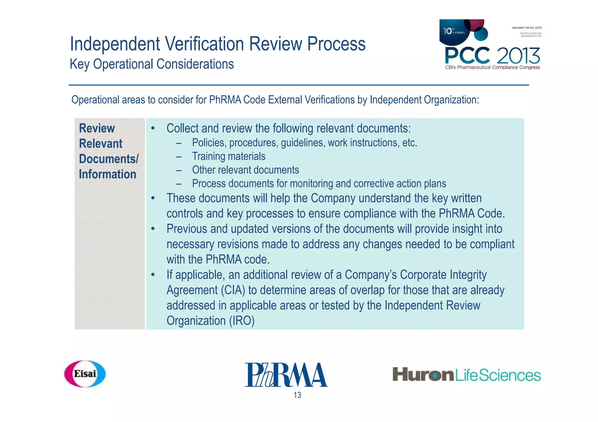 Independent Verification Review Process
Key Operational Considerations

Operational areas to consider for PhRMA Code External Verifications by Independent Organization:

 Review      • Collect and review the following relevant documents:
 Relevant       – Policies, procedures, guidelines, work instructions, etc.
 Documents/     – Training materials
 Information    – Other relevant documents
                        – Process documents for monitoring and corrective action plans
                  • These documents will help the Company understand the key written
                    controls and key processes to ensure compliance with the PhRMA Code.
                  • Previous and updated versions of the documents will provide insight into
                    necessary revisions made to address any changes needed to be compliant
                    with the PhRMA code.
                  • If applicable, an additional review of a Company’s Corporate Integrity
                    Agreement (CIA) to determine areas of overlap for those that are already
                    addressed in applicable areas or tested by the Independent Review
                    Organization (IRO)




                                                    13
 