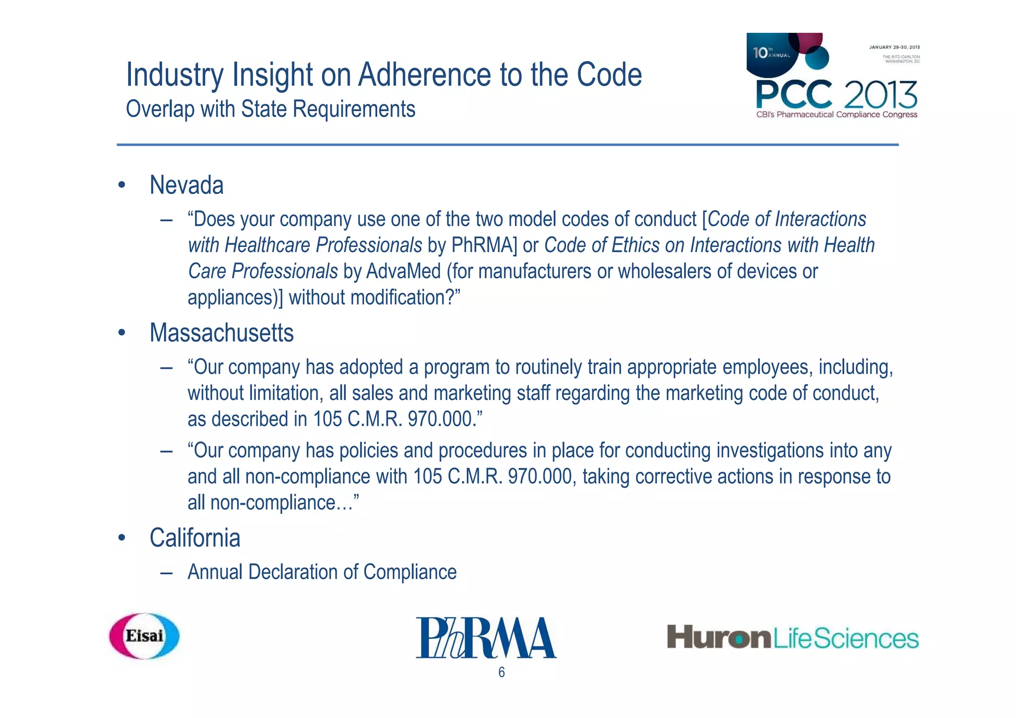 Industry Insight on Adherence to the Code
Overlap with State Requirements


• Nevada
    – “Does your company use one of the two model codes of conduct [Code of Interactions
      with Healthcare Professionals by PhRMA] or Code of Ethics on Interactions with Health
      Care Professionals by AdvaMed (for manufacturers or wholesalers of devices or
      appliances)] without modification?”
• Massachusetts
    – “Our company has adopted a program to routinely train appropriate employees, including,
      without limitation, all sales and marketing staff regarding the marketing code of conduct,
      as described in 105 C.M.R. 970.000.”
    – “Our company has policies and procedures in place for conducting investigations into any
      and all non-compliance with 105 C.M.R. 970.000, taking corrective actions in response to
      all non-compliance…”
• California
    – Annual Declaration of Compliance



                                              6
 