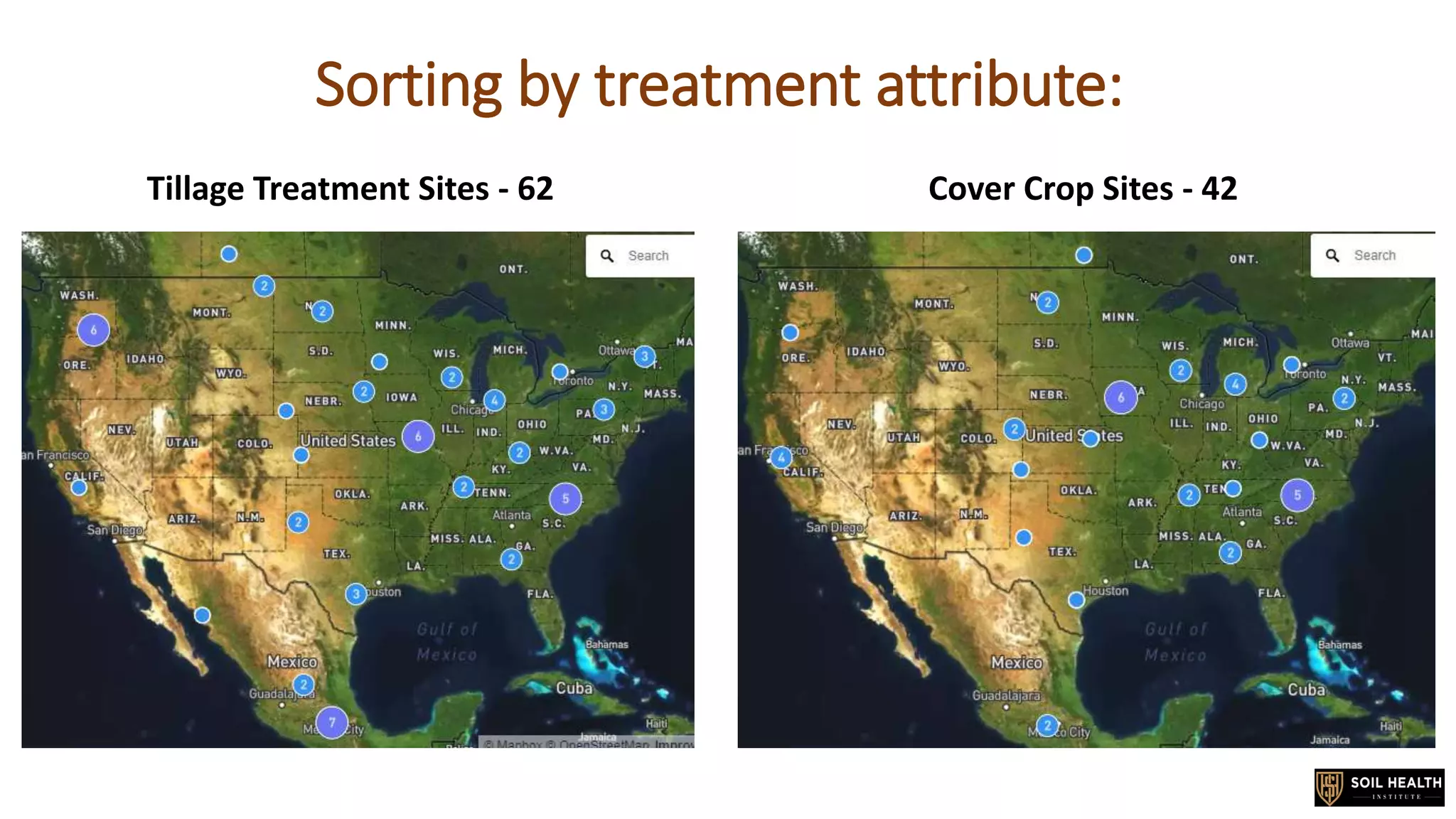 Sorting by treatment attribute:
Tillage Treatment Sites - 62 Cover Crop Sites - 42
 
