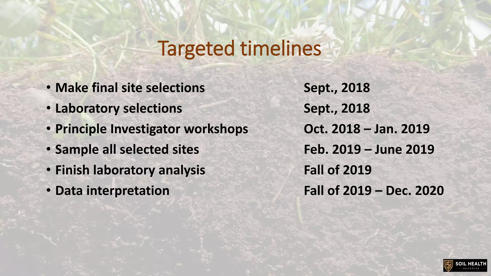 Targeted timelines
• Make final site selections Sept., 2018
• Laboratory selections Sept., 2018
• Principle Investigator workshops Oct. 2018 – Jan. 2019
• Sample all selected sites Feb. 2019 – June 2019
• Finish laboratory analysis Fall of 2019
• Data interpretation Fall of 2019 – Dec. 2020
 