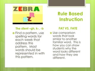 Rule Based
Instruction
The silent –gh, k-, -b
 Find a pattern, use
spelling words for
each week that
address this
pattern. Most
words should be
represented in with
this pattern.
FAT VS. FATE
 Use comparison
words that look
similar to another
familiar word. This is
how you can show
students why the
word looks different
and how they are
different.
 